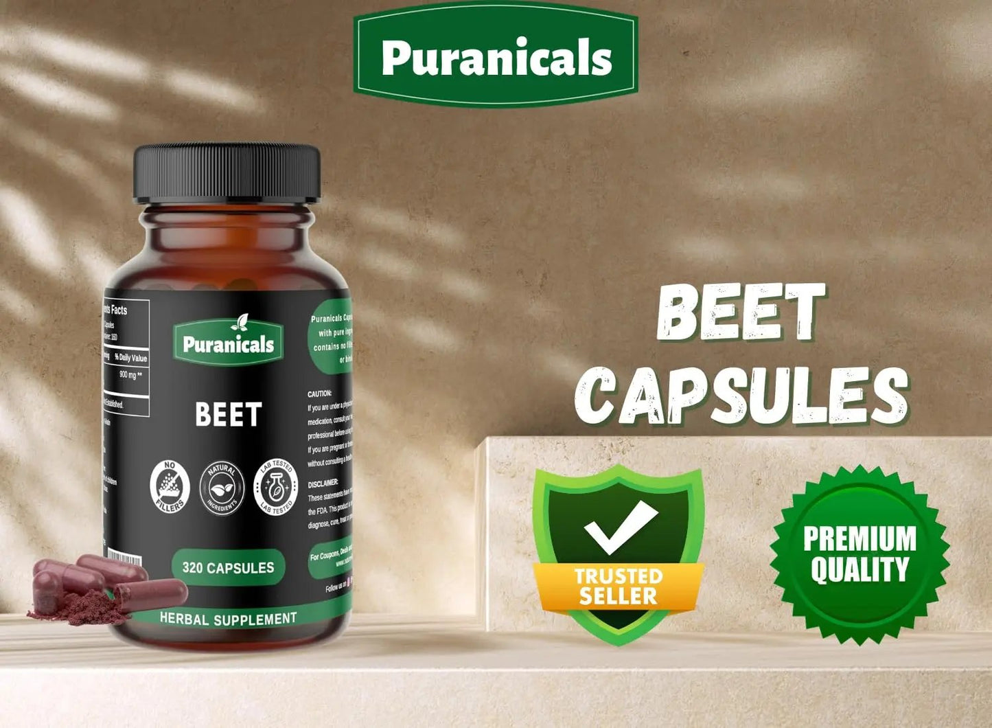 Puranicals Beet Premium 320 Capsules Nitric Oxide Booster | Herbal Supplement | 900 mg Per Serving | Made with 100% Pure Beetroot Powder (Beta Vulgaris)