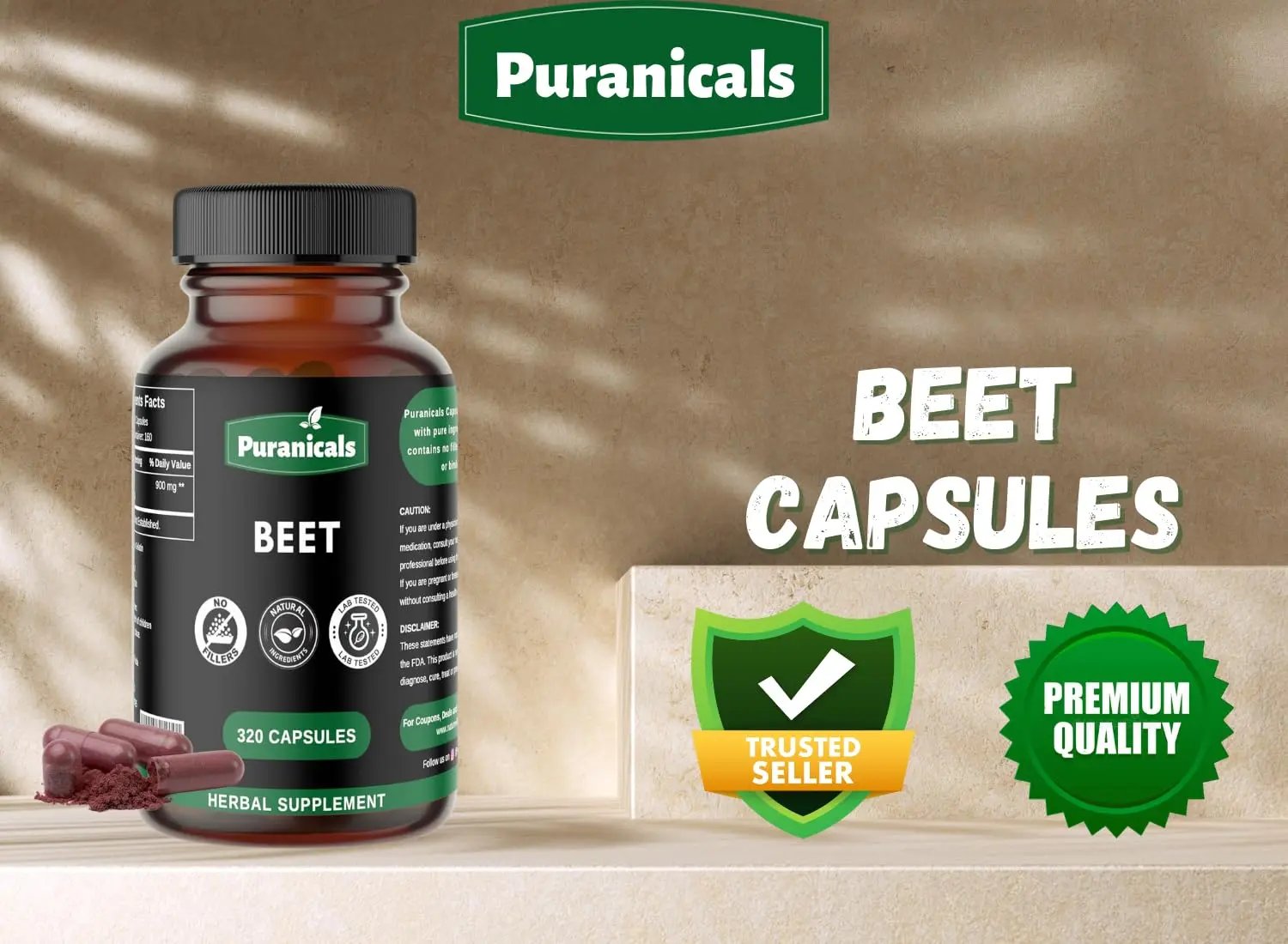 Puranicals Beet Premium 320 Capsules Nitric Oxide Booster | Herbal Supplement | 900 mg Per Serving | Made with 100% Pure Beetroot Powder (Beta Vulgaris)