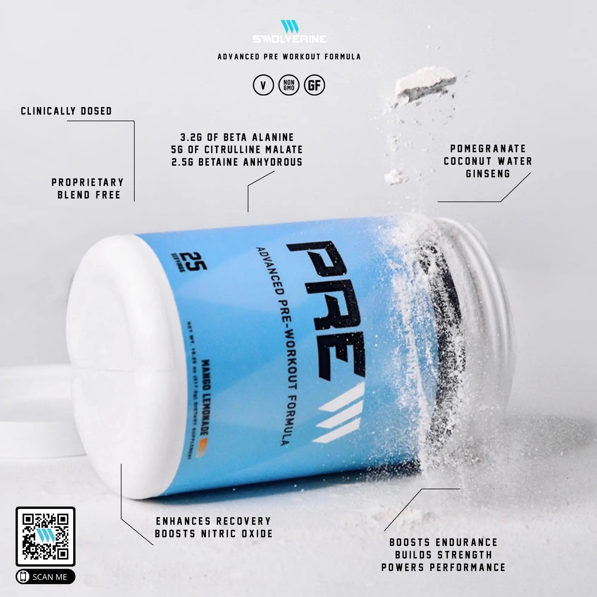 Swolverine PRE-Workout | Citrulline Malate, Carnosyn Beta Alanine, Carnitine, Ginseng, Pomegranate, Betaine, Coconut Water Endurance, Energy, Strength, Vegan, Gluten Free, Non-GMO (25 Servings)