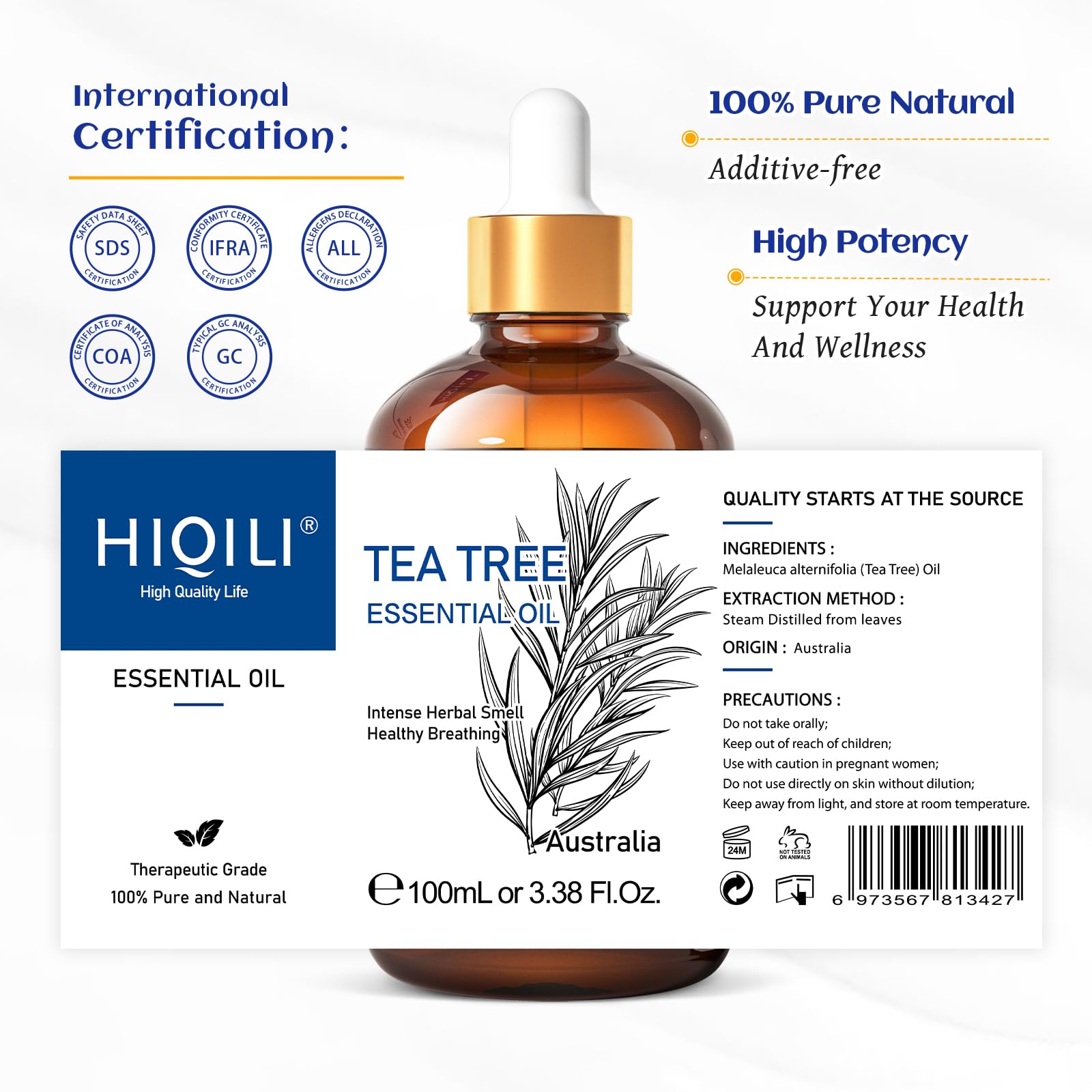 HIQILI Tea Tree Essential Oil (100 ML), 100% Pure for Toenail Fungus, Hair Damage HIQILI