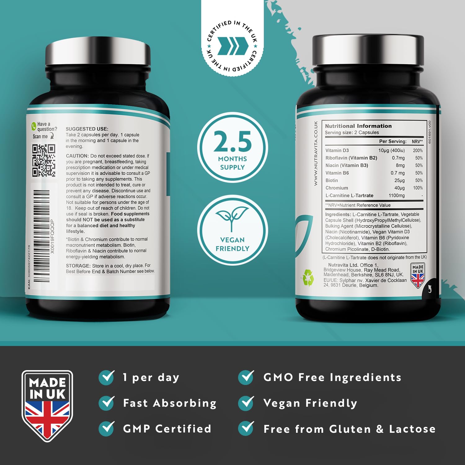 L-Carnitine Complex - High Strength Capsules with Added Riboflavin, Biotin, Chromium Nutravita