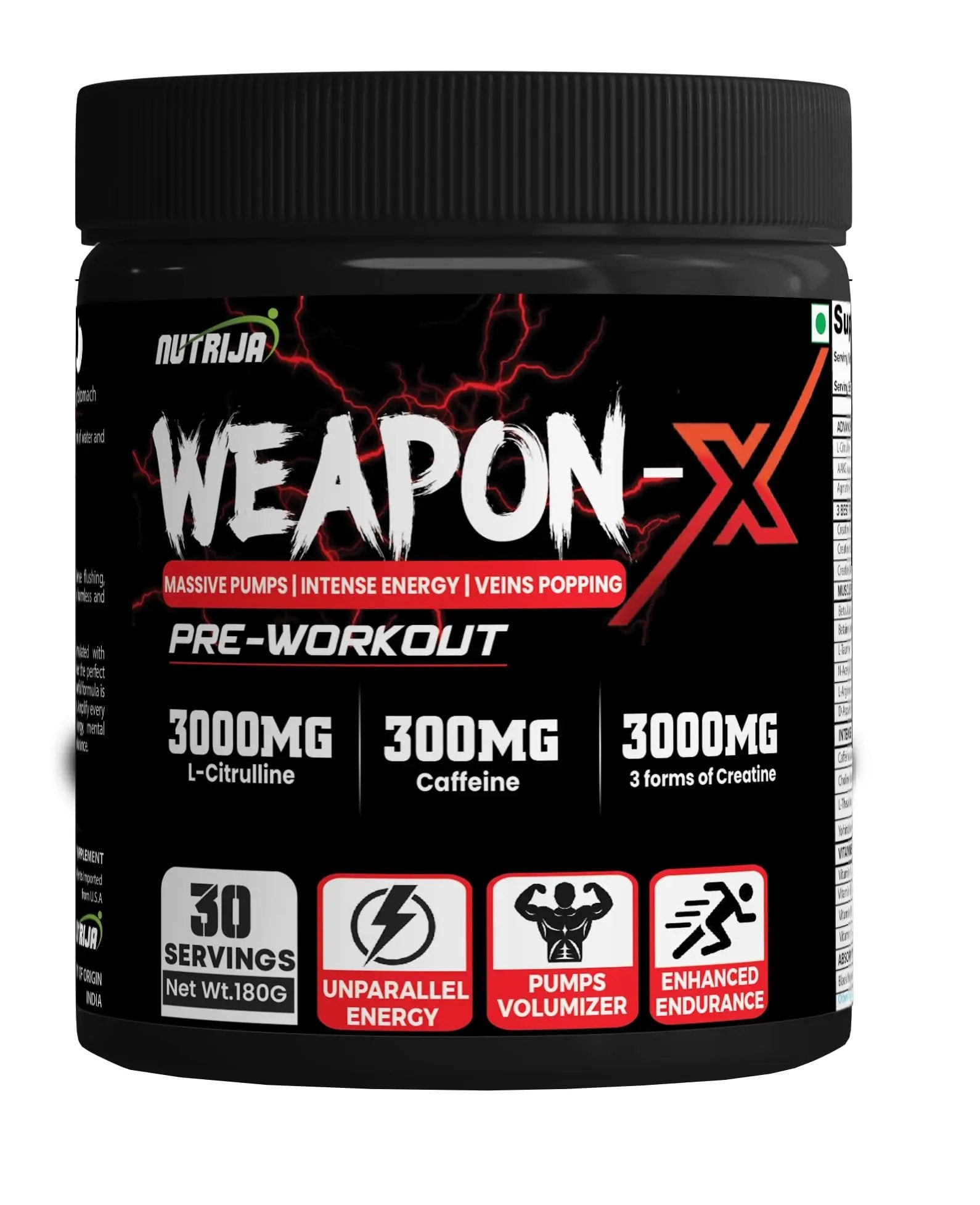 NutriJa Weapon-X Pre-Workout Powder with 21 Active Ingredients - 3 Best Forms of Creatine