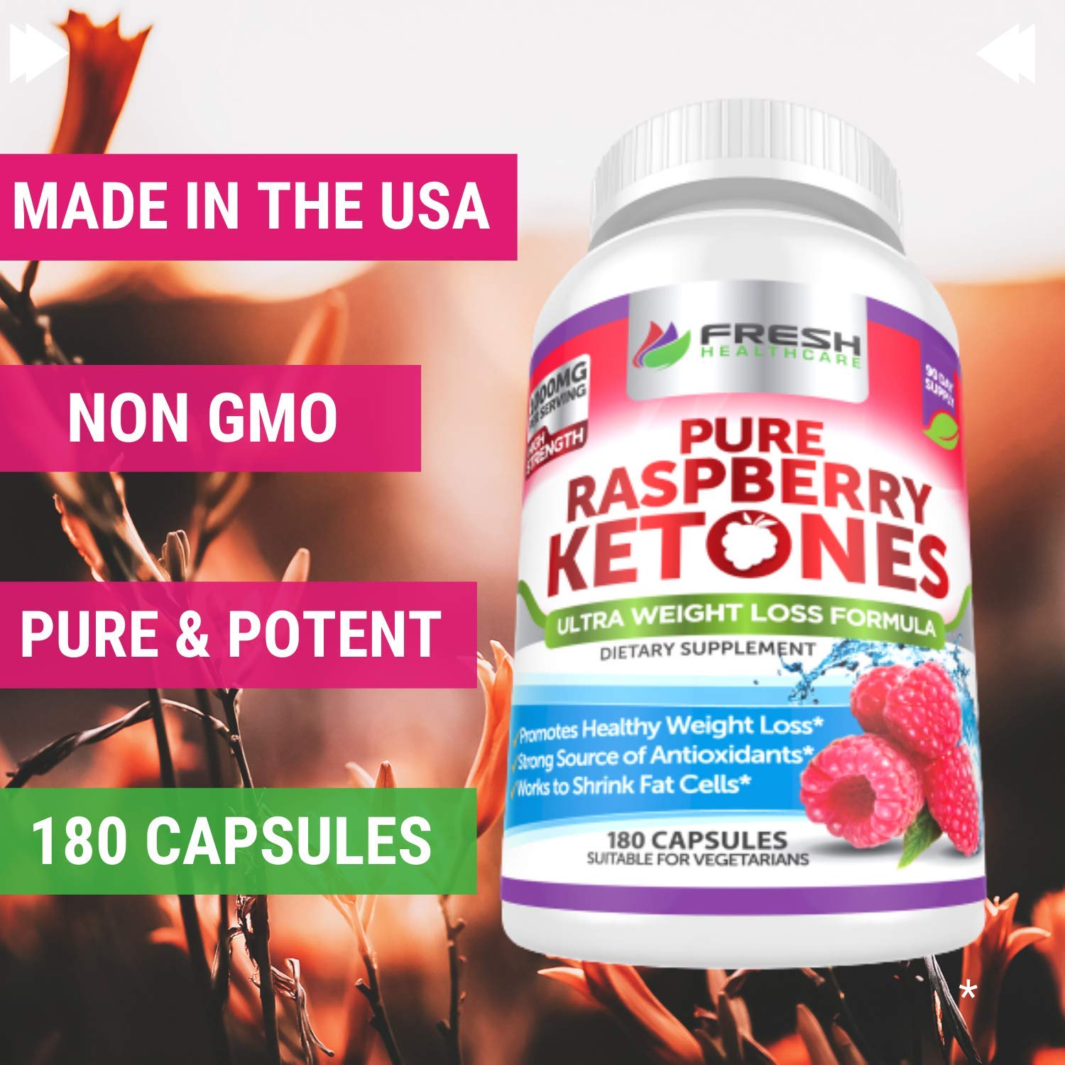 FRESH HEALTHCARE Pure 100% Raspberry Ketones Max 1000mg Per Serving - 3 Month FRESH HEALTHCARE