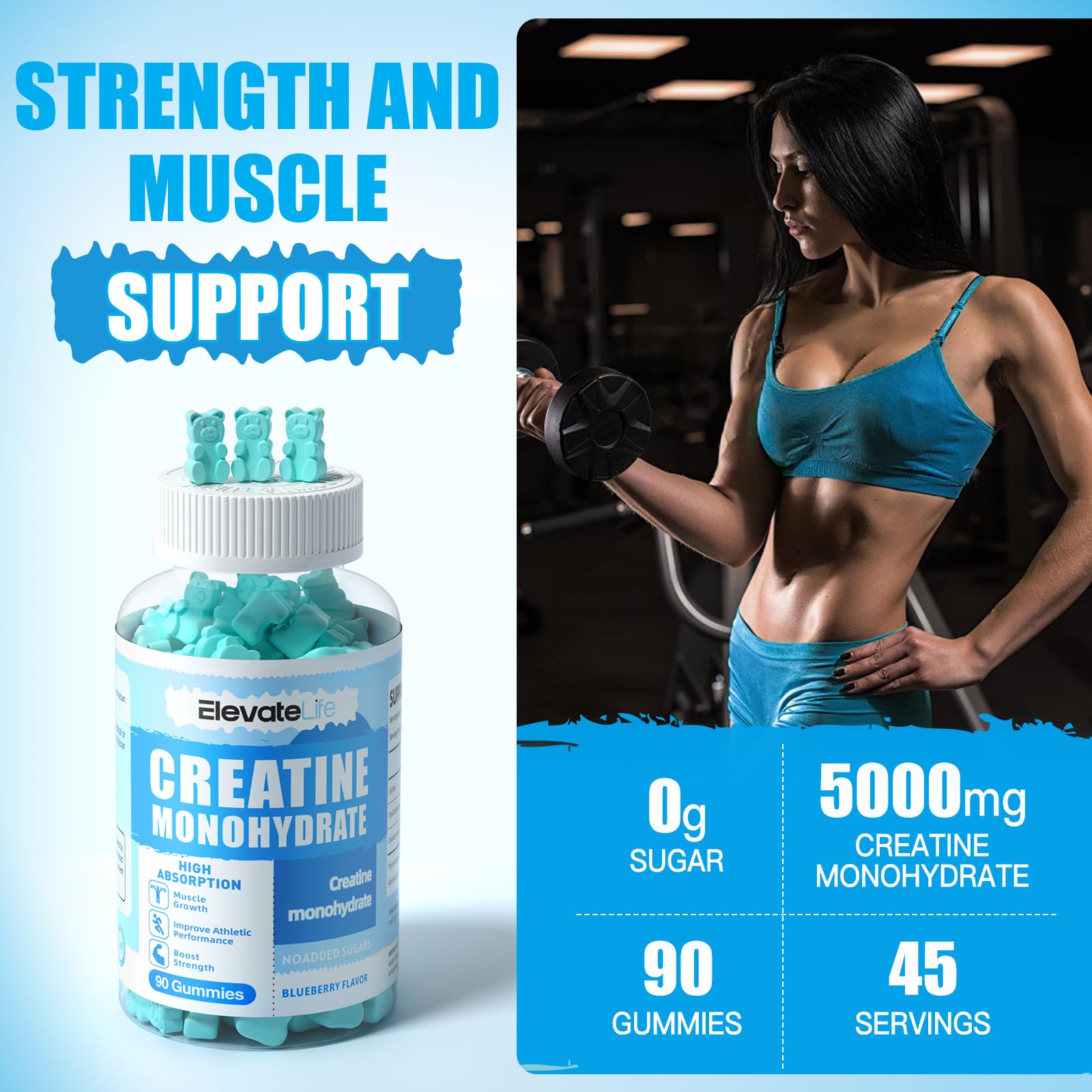 ElevateLife Creatine Monohydrate Gummies 5000mg for Men & Women, Chewables ElevateLife