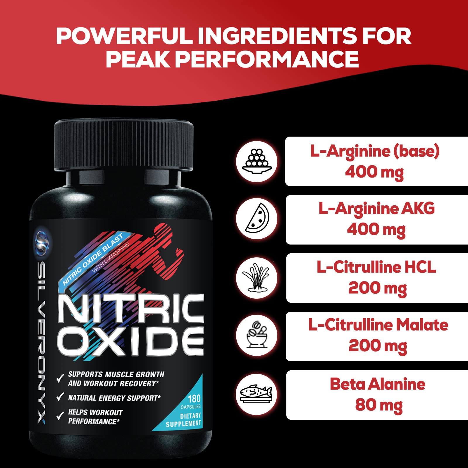 Extra Strength Nitric Oxide Supplement L Arginine 3X Strength - Citrulline Malate, AAKG SILVERONYX
