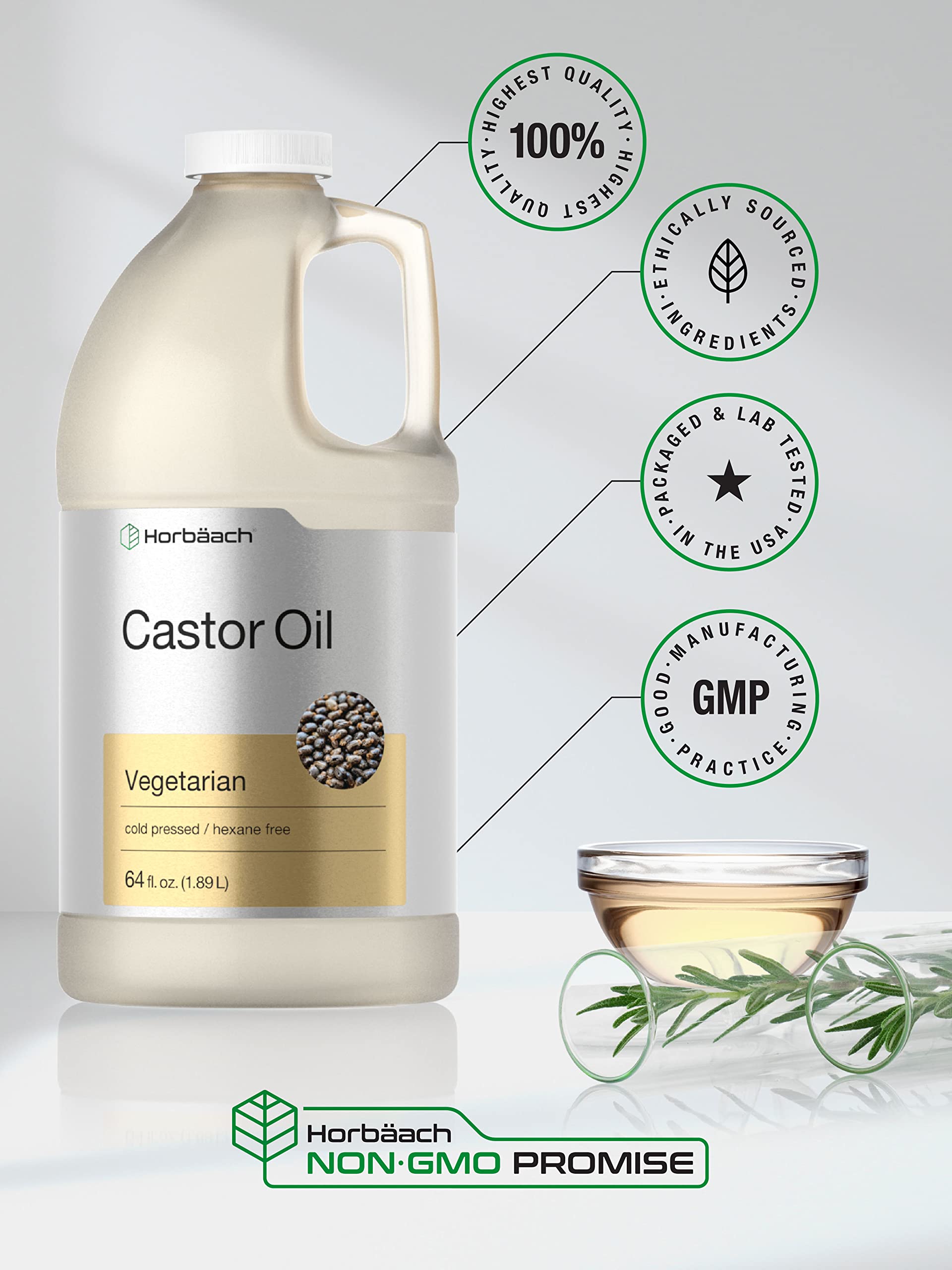 Castor Oil 64oz | for Hair Health, Eyelashes & Eyebrows | Hexane Free & Cold Pressed Horbäach
