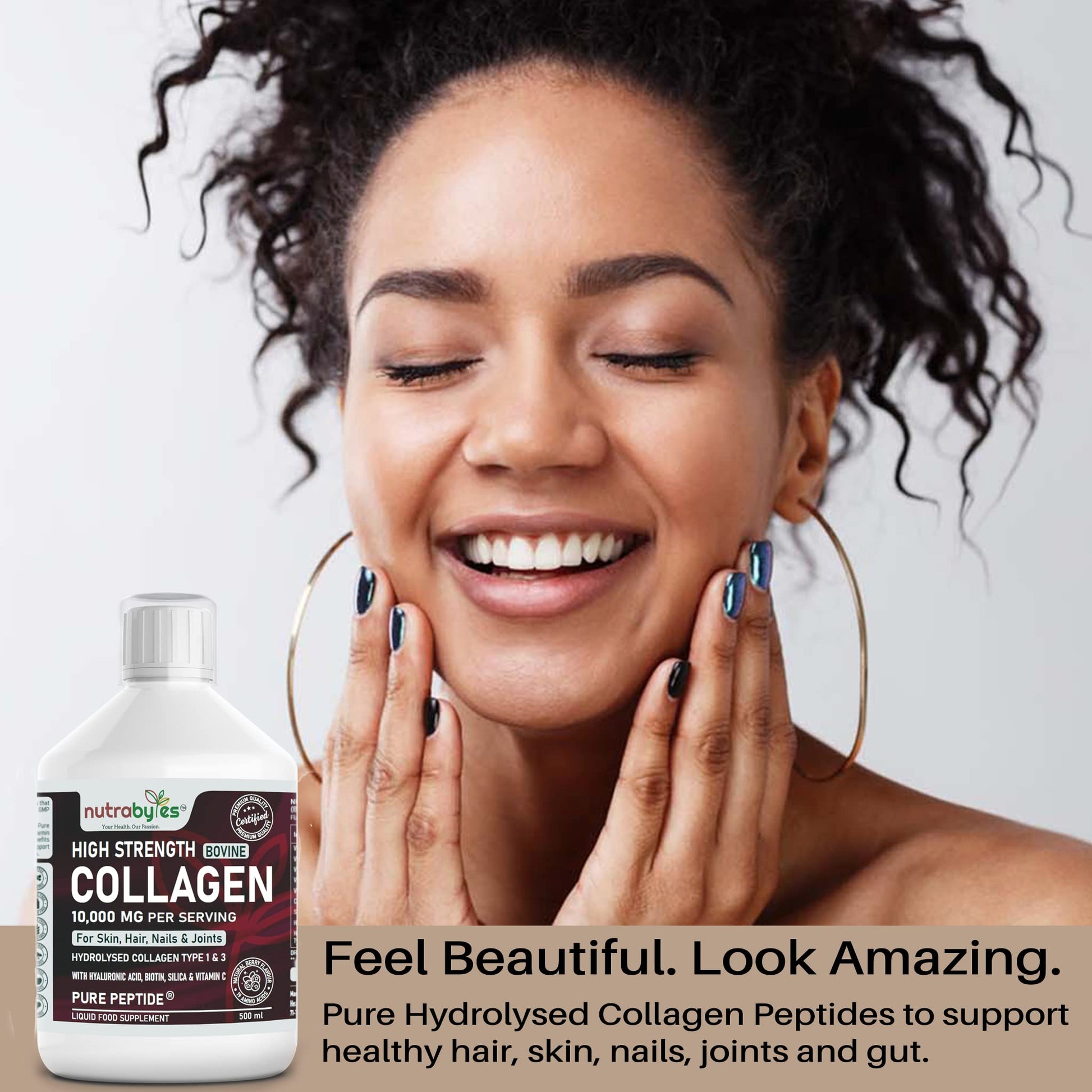 Collagen Liquid 10000mg, Hydrolysed Peptides | Hyaluronic Acid, Biotin, Silica, Vitamin C, Vitamin B12 NUTRABYTES