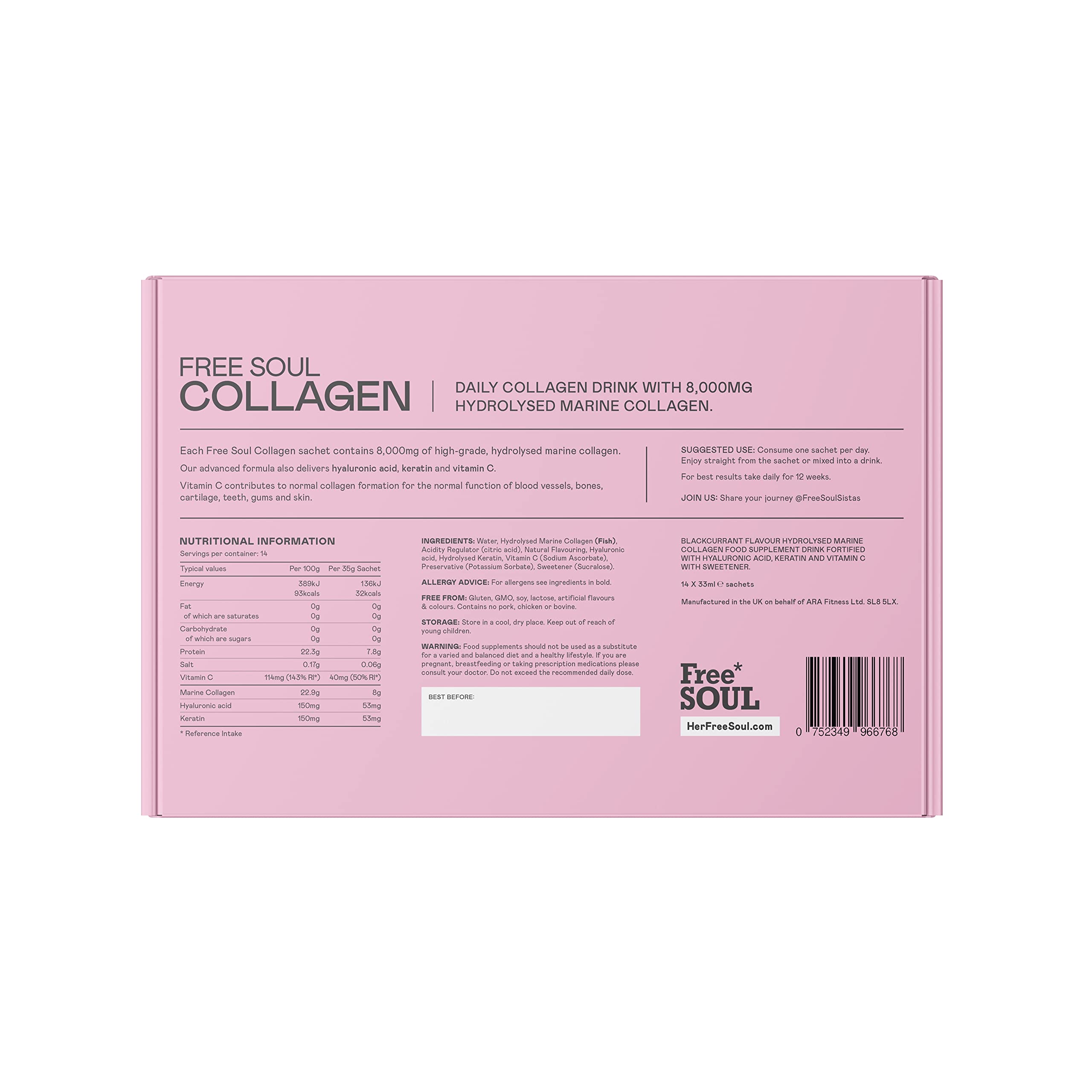 Marine Collagen Liquid 8000mg with Hyaluronic Acid, Keratin, & Vitamin C, 14 x 8000mg Hydrolysed Collagen Free Soul