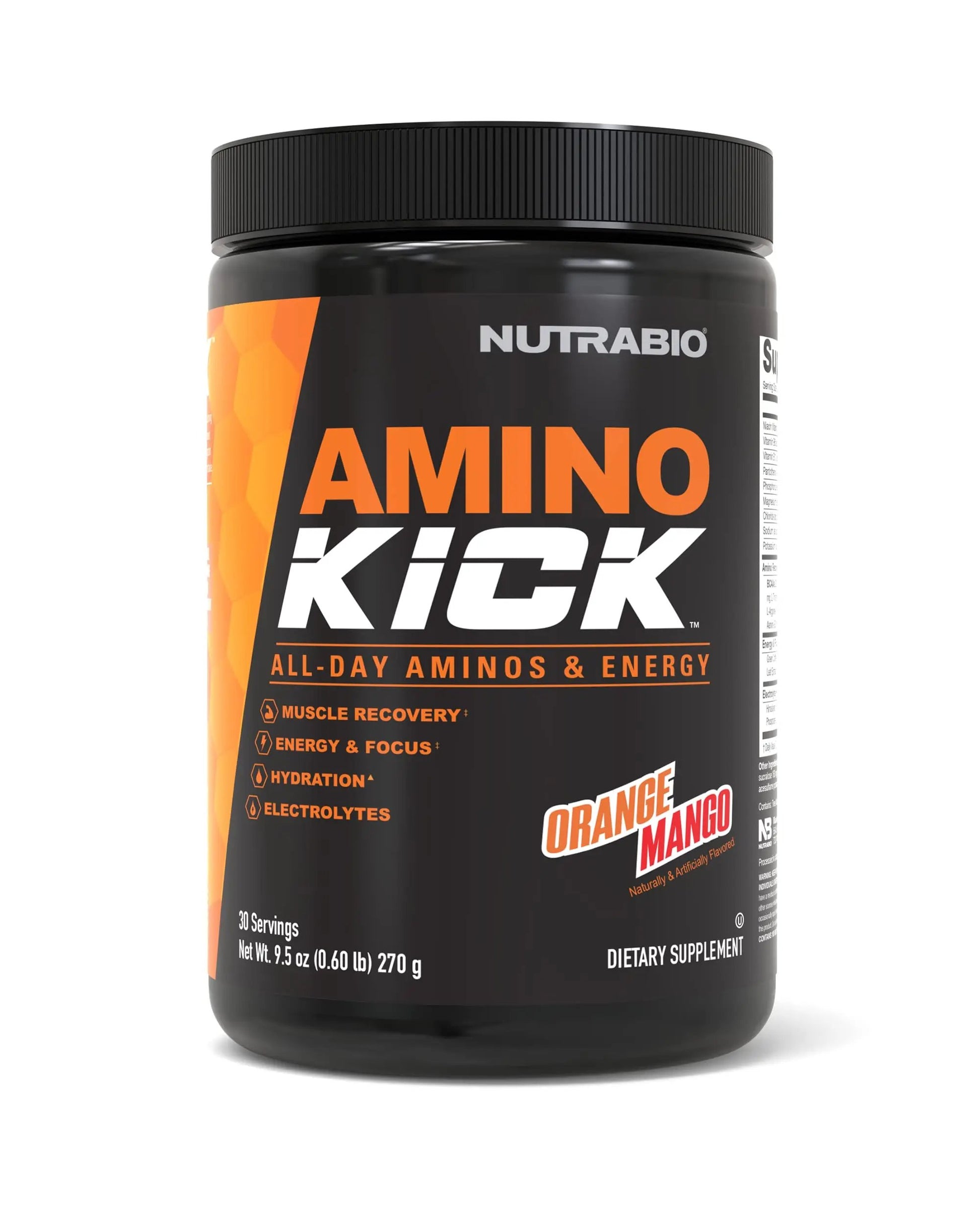 NutraBio Amino Kick - BCAA's, Electrolytes for Hydration, Natural Caffeine- 30 Servings