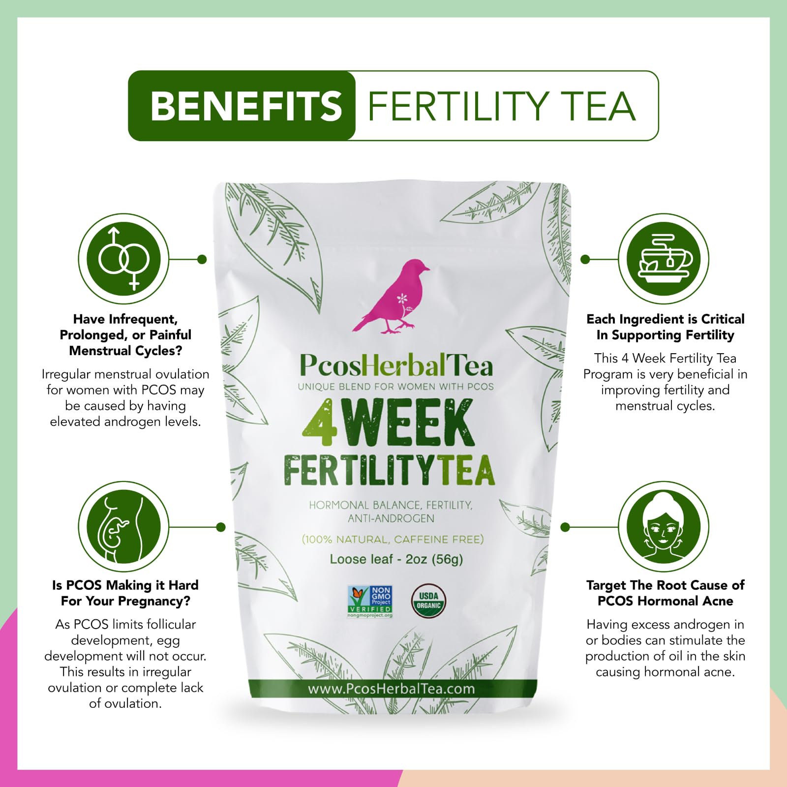 PCOS Cystem Tea with Organic Red Raspberry Leaf, Vitex, Spearmint Tea Supports Fertility PCOS Herbal Tea