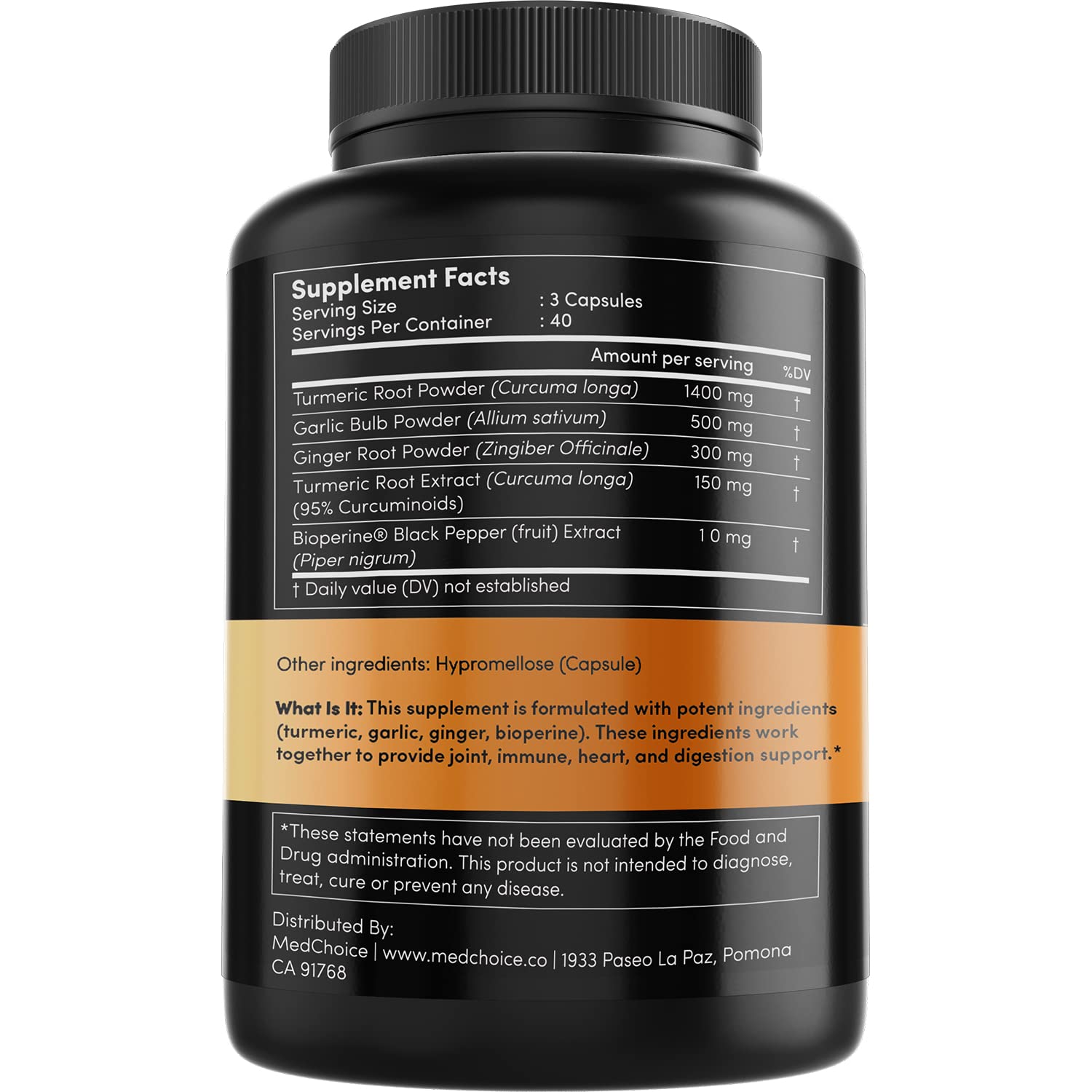 4-in-1 Supplement with Turmeric, Garlic, Ginger Root, and Black Pepper - 120 Capsules MEDCHOICE