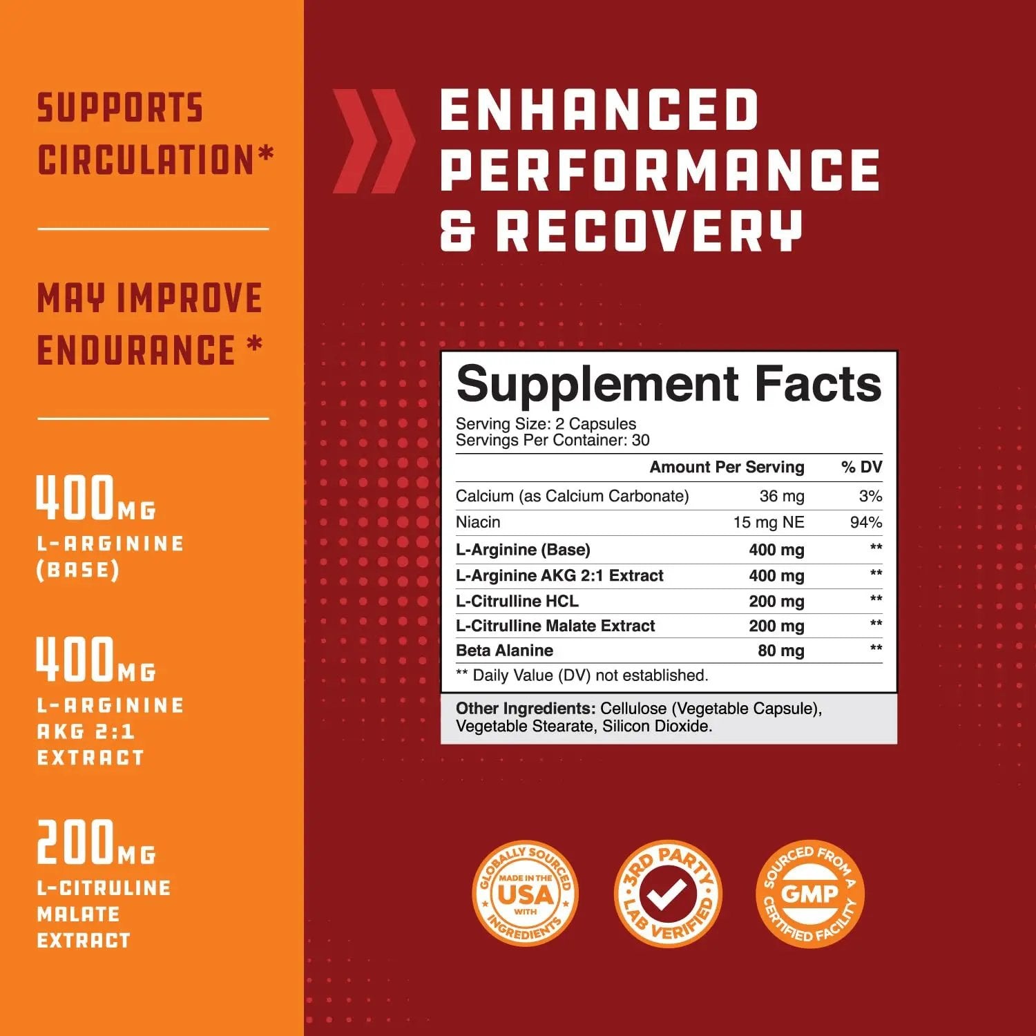 Nitric Oxide Support Pills - Natural Workout Supplement & Exercise Enhancer - Boost Energy Strength Recovery Muscle Builder - Pure L-Arginine & L-Citrulline Amino Acid Capsules - by Natures Craft