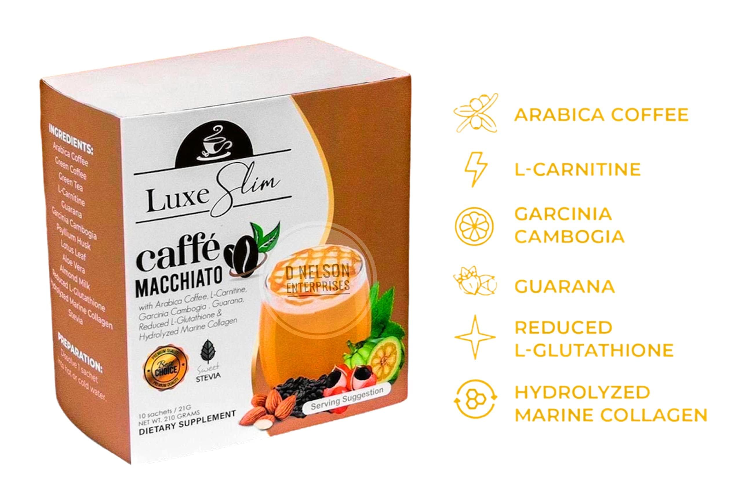 Luxe Slim Cafe Macchiato with Hydrolyzed Collagen & Glutathione, 21g x 10 Sachets, 0.74 Ounce
