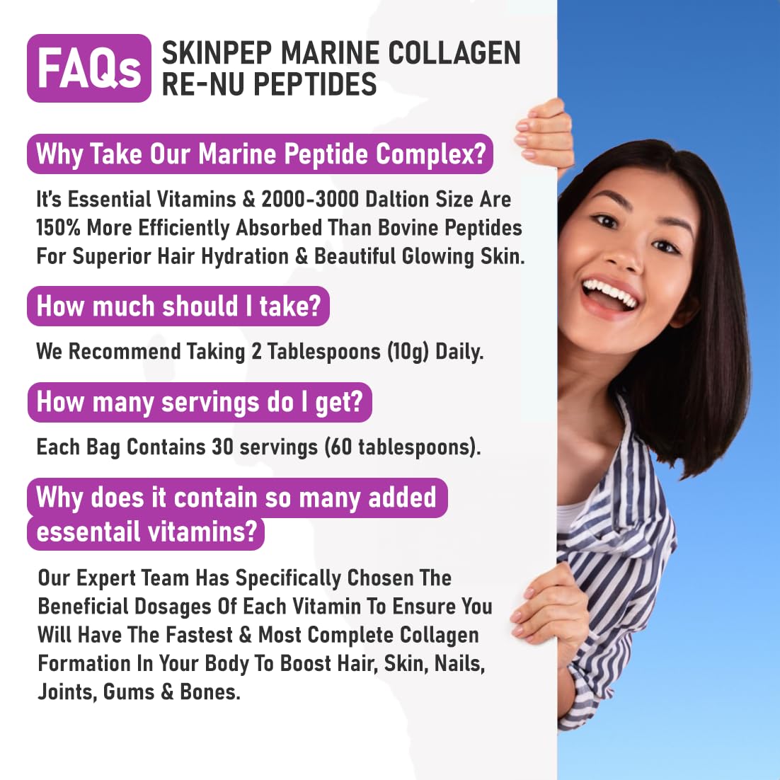 Premium Hydrolysed Marine Collagen Peptide Powder + VIT C, B Complex Hyaluronic Acid, & Stevia. Delicious Taste/No Fishy Smell - SkinPep® Collagen Re-Nu 300g - 30 Days Supply SkinPep