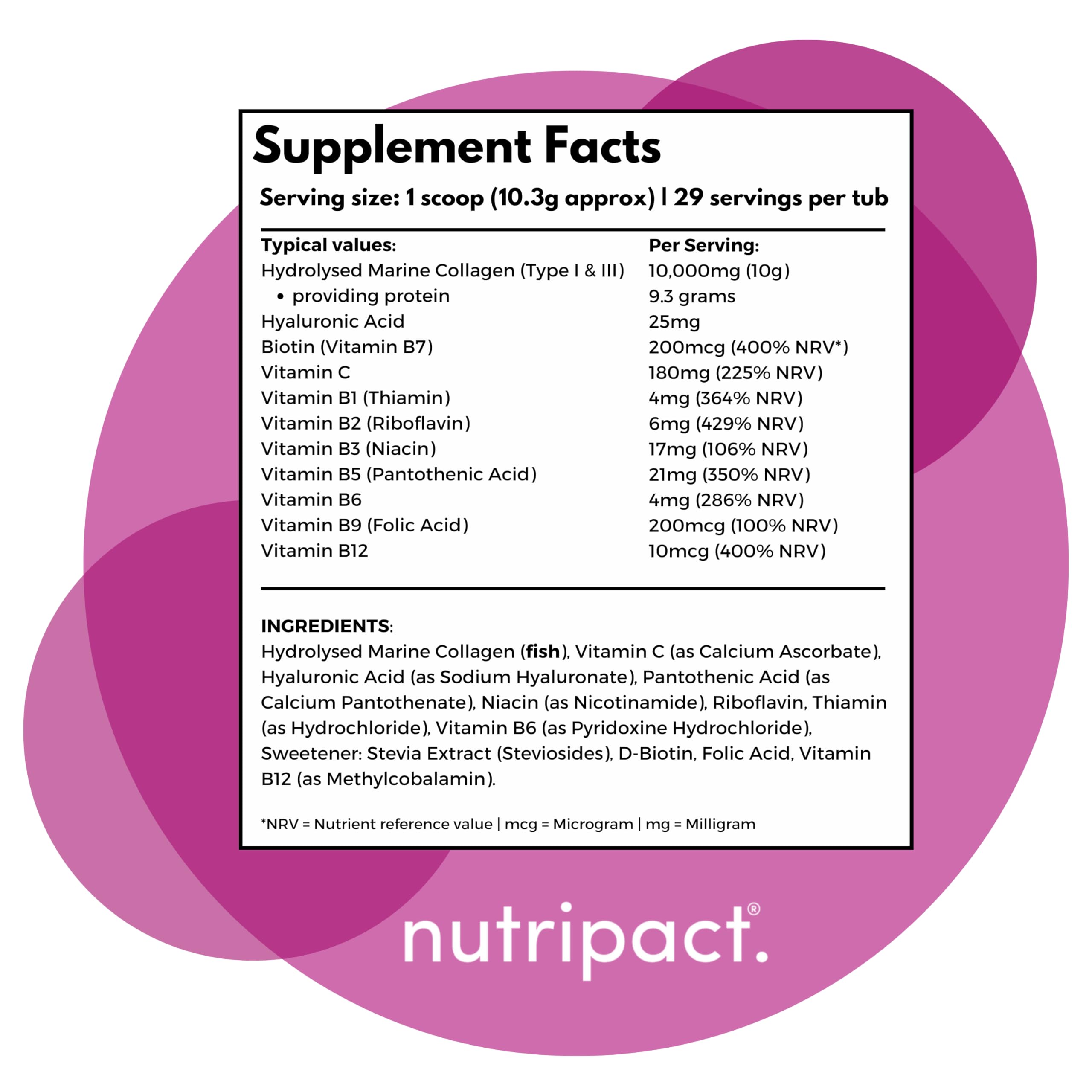 Hydrolysed Marine Collagen Peptides Powder with Hyaluronic Acid, Biotin, Vitamin C & B Vitamins – 10,000mg Collagen nutripact