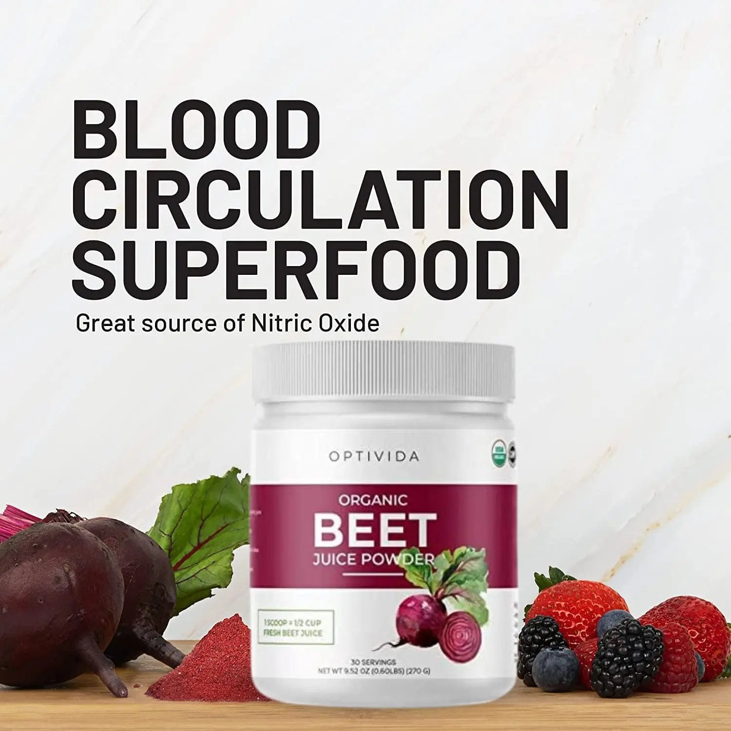 OPTIVIDA Nitric Oxide Beet Powder Organic | All Natural Beets Roots Supplements | Support Blood Flow, Heart & Liver Health | Vegan, Non-GMO, and Gluten Free 30 Servings