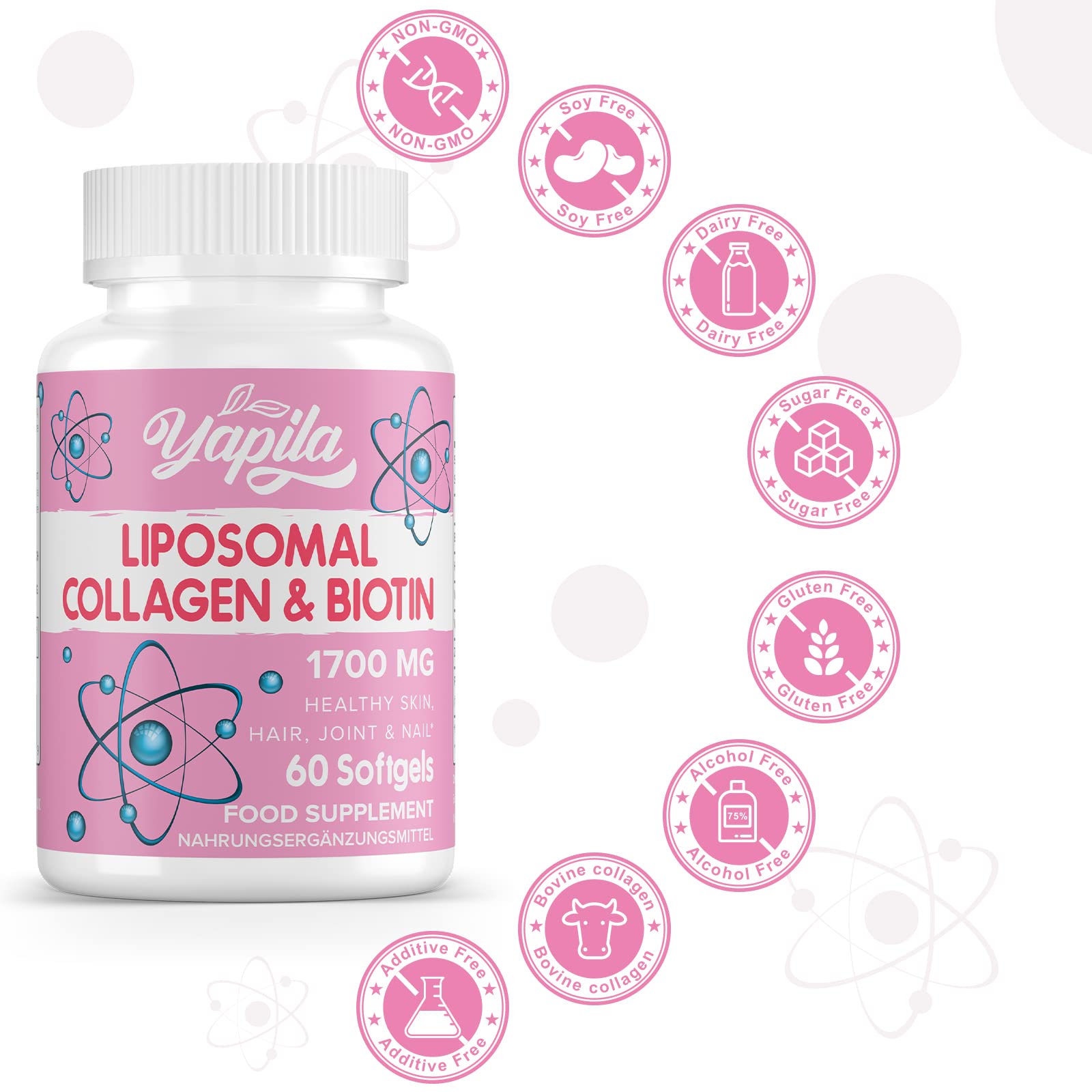 Liposomal Collagen Biotin Capsules, Hydrolyzed Bovine Collagen Peptides 1700 mg, Types 1 & 3 Protein Yapila