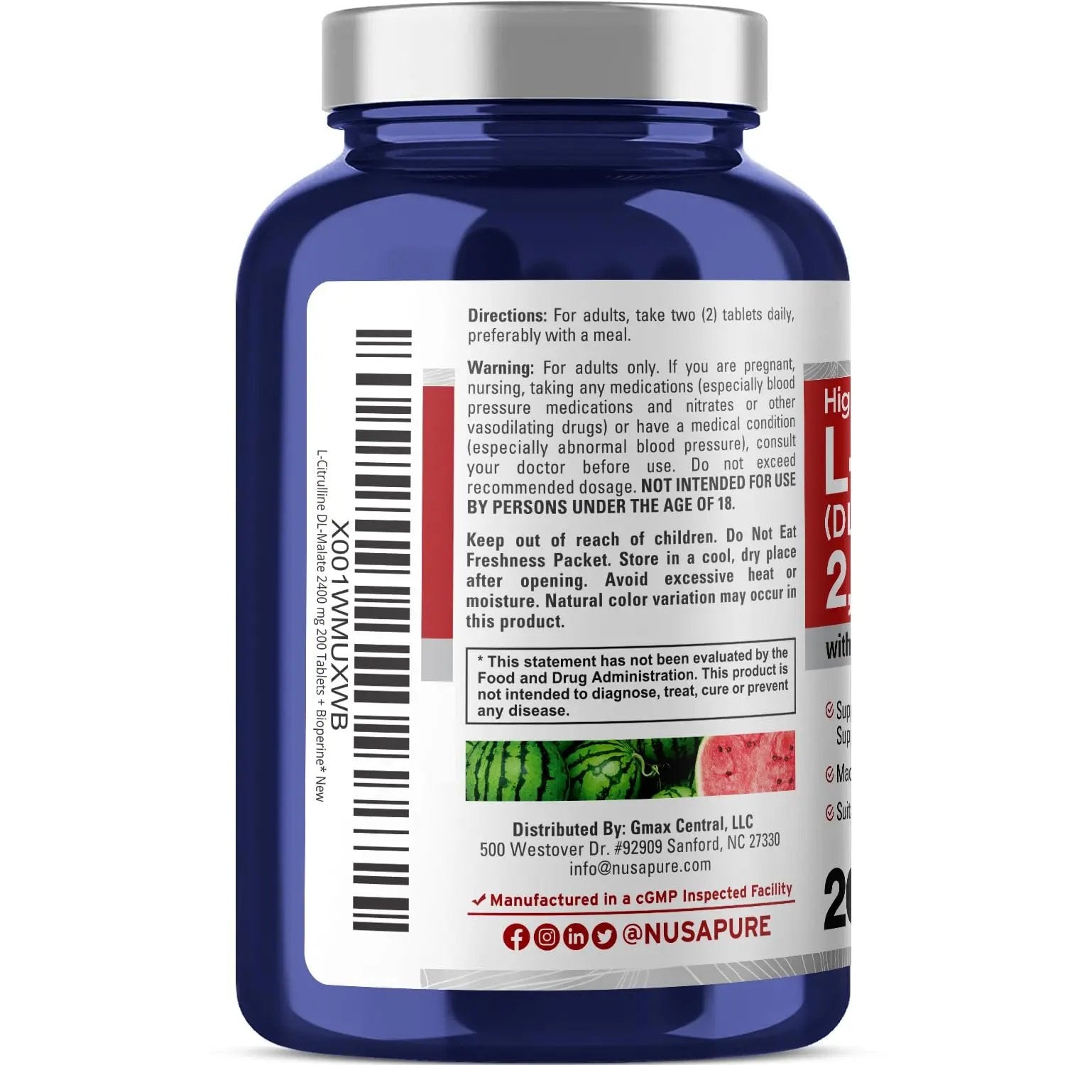 NusaPure L-Citrulline 2,400mg 200 Vegetarian Tablets (Non-GMO, Gluten Free, 100-Day Supply, Bioperine)