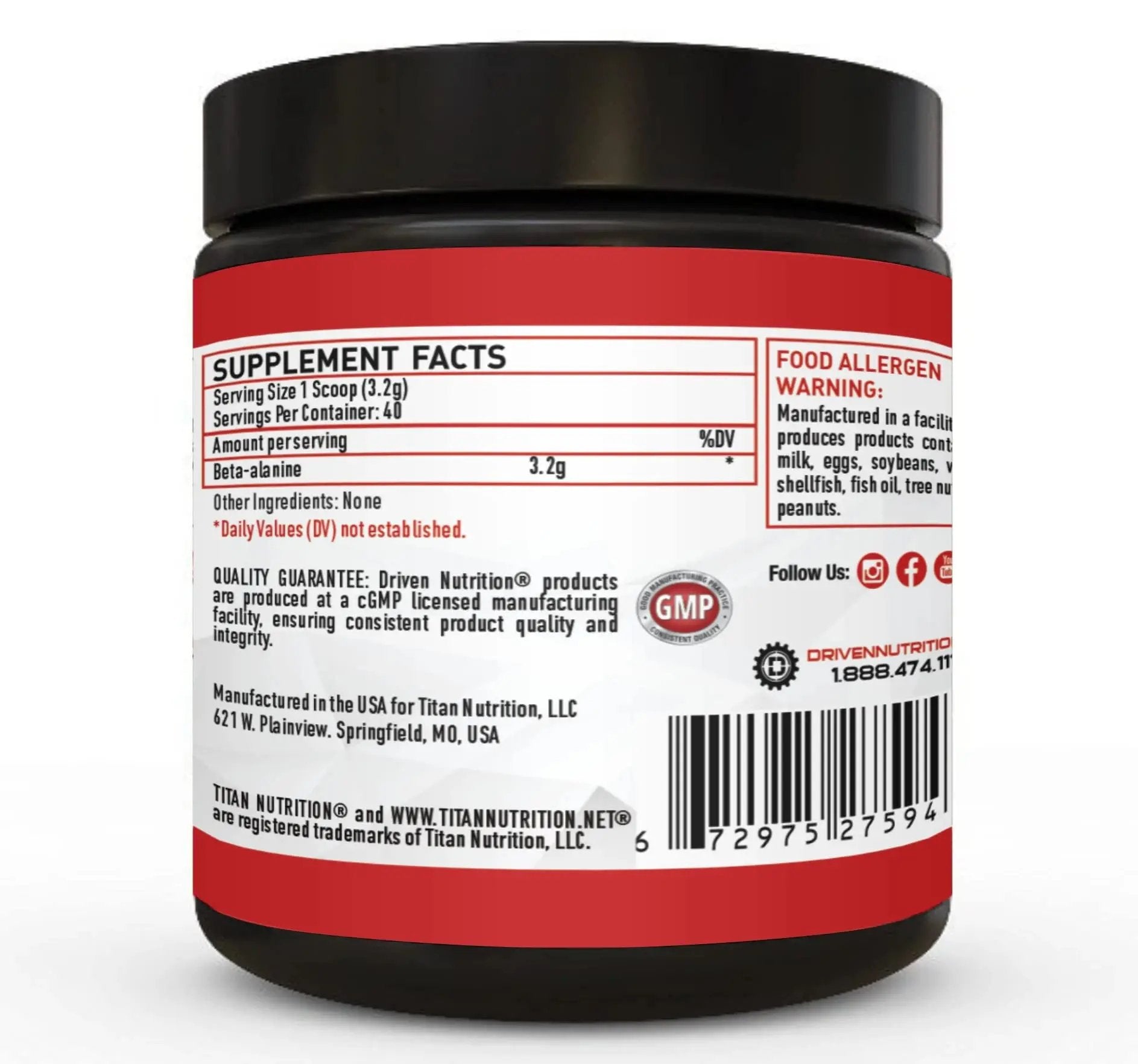 Driven Nutrition Beta Alanine, Unflavored - Preworkout Carnosine Booster for Physical Endurance, Reduce Lactic Acid & Muscle Fatigue, Support Workout Capacity for Weightlifting & High Intensity Cardio