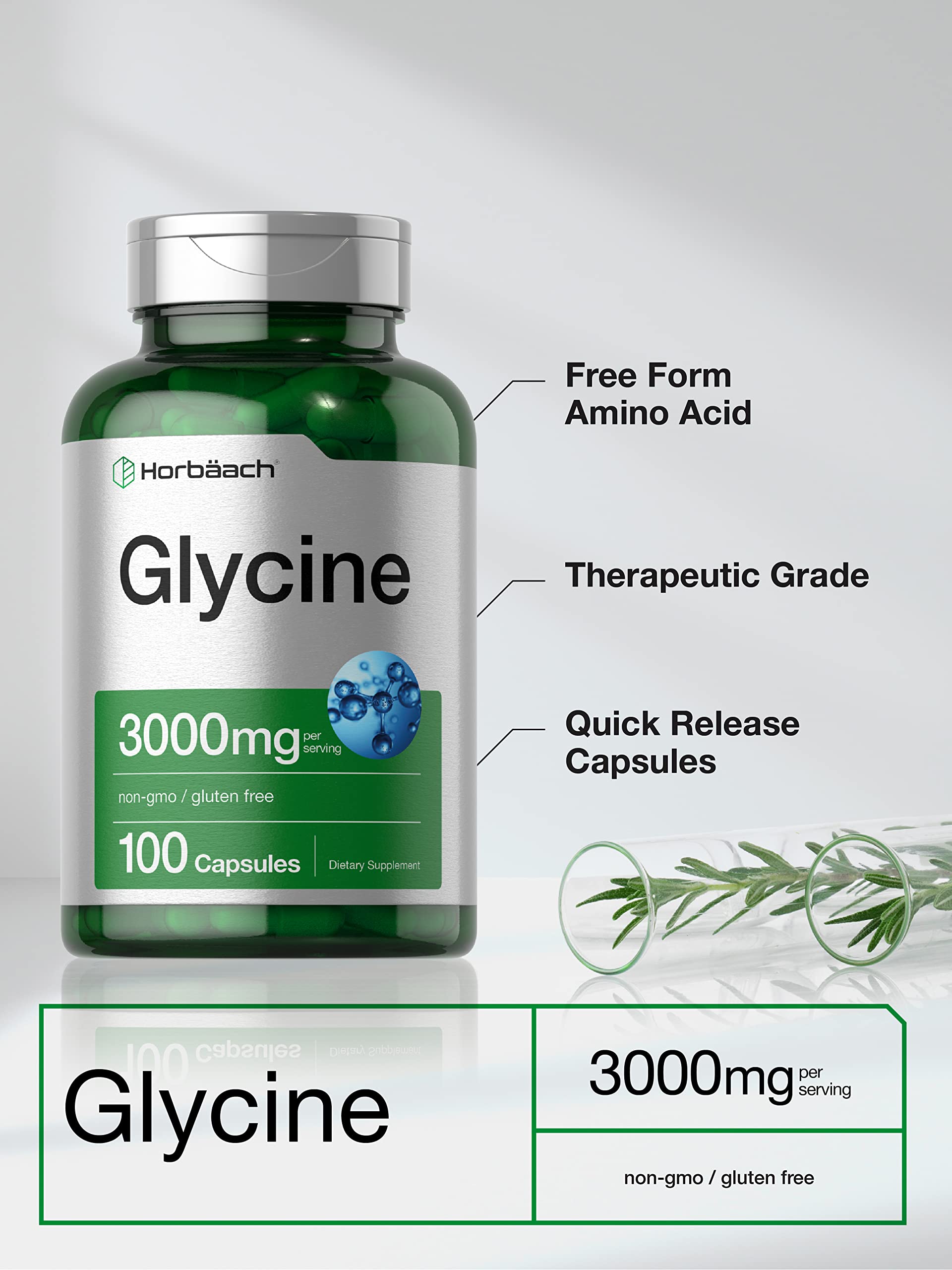 Glycine 3000 mg 100 Capsules | Non-GMO, Gluten Free Glycine Supplement | by Horbaach Horbäach