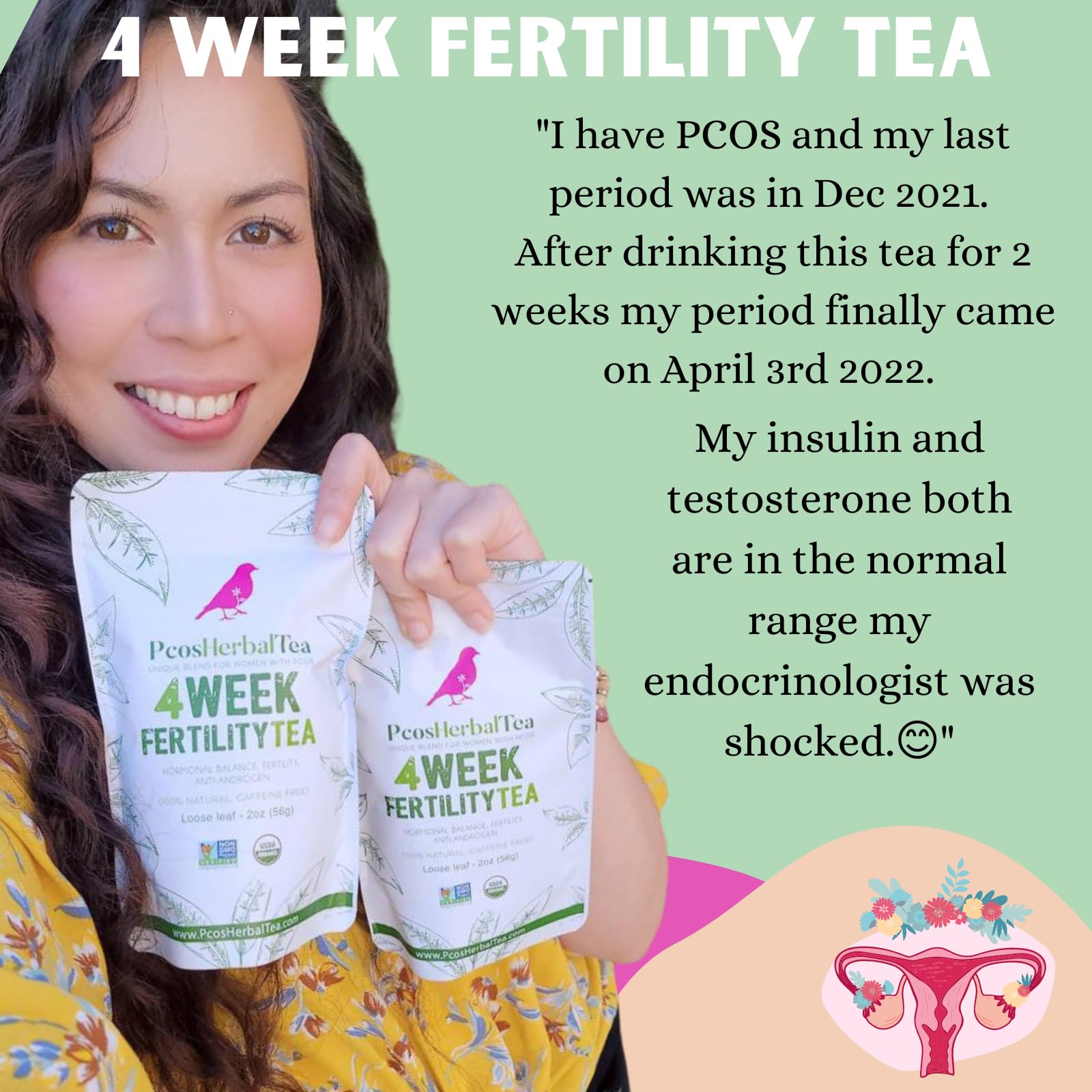 PCOS Cystem Tea with Organic Red Raspberry Leaf, Vitex, Spearmint Tea Supports Fertility PCOS Herbal Tea