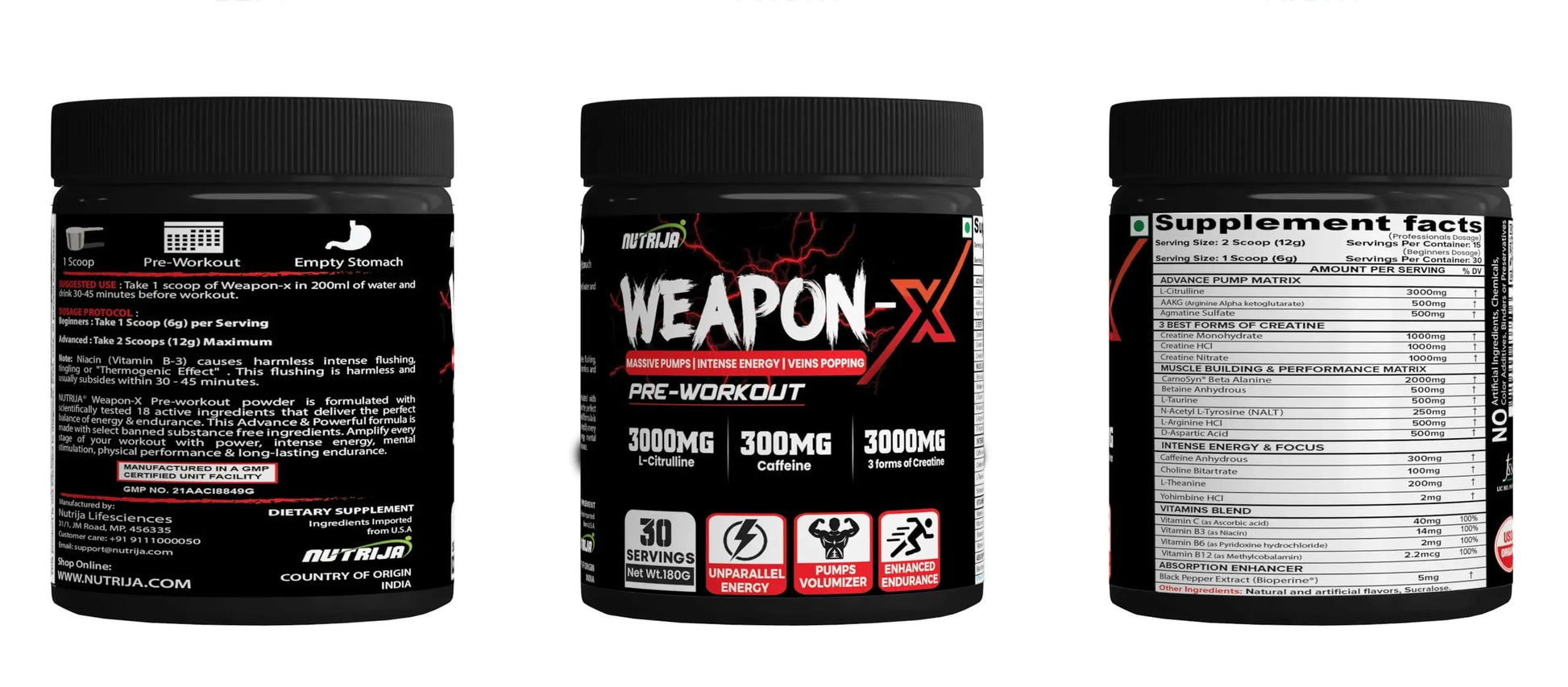 NutriJa Weapon-X Pre-Workout Powder with 21 Active Ingredients - 3 Best Forms of Creatine, AAKG, Beta-Alanine, Caffeinated | Pumps, Viens Popping, Energy, Focus & Strength (30 Servings (Lychee))