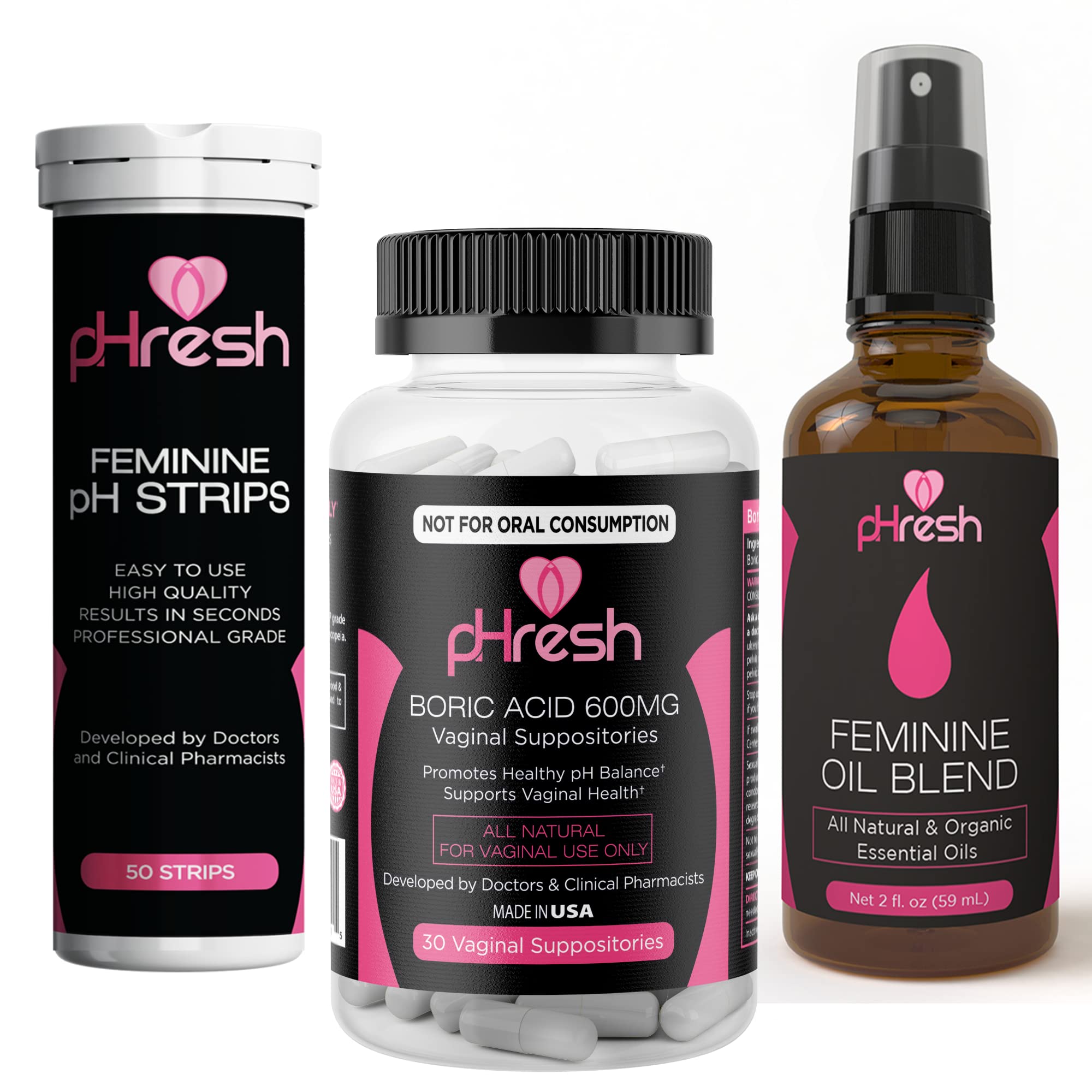 ACE NUTRITION 3 Pack - Boric Acid Suppositories & All Natural Feminine Spray and pH Test Strips