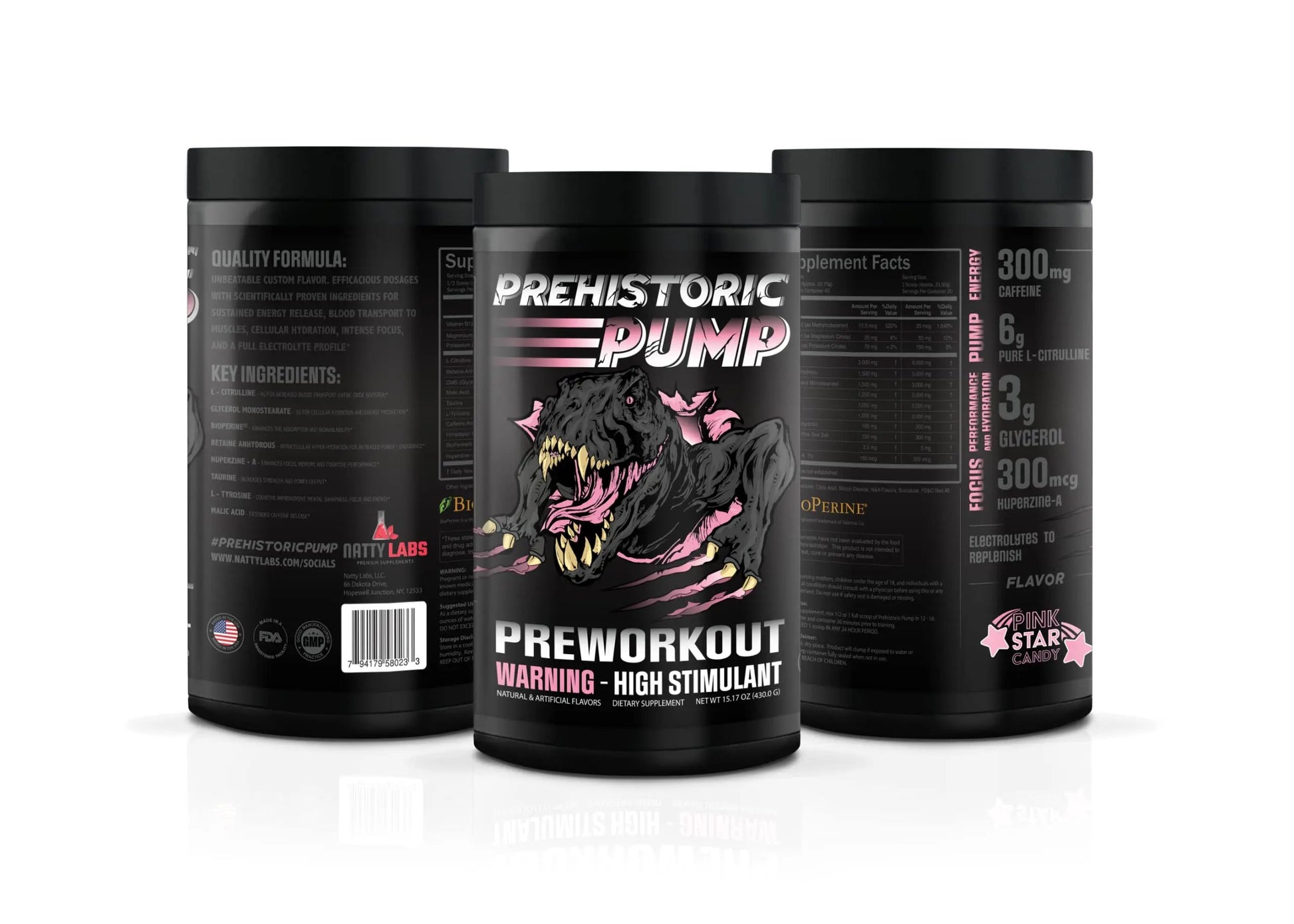 Natty Labs Prehistoric Pump Pre Workout - Preworkout Energy Supplement · 300mg Caffeine · Energy · Focus · Pump · Electrolytes · Hydration · Vitamins - 40 Servings (Pink Star Candy)