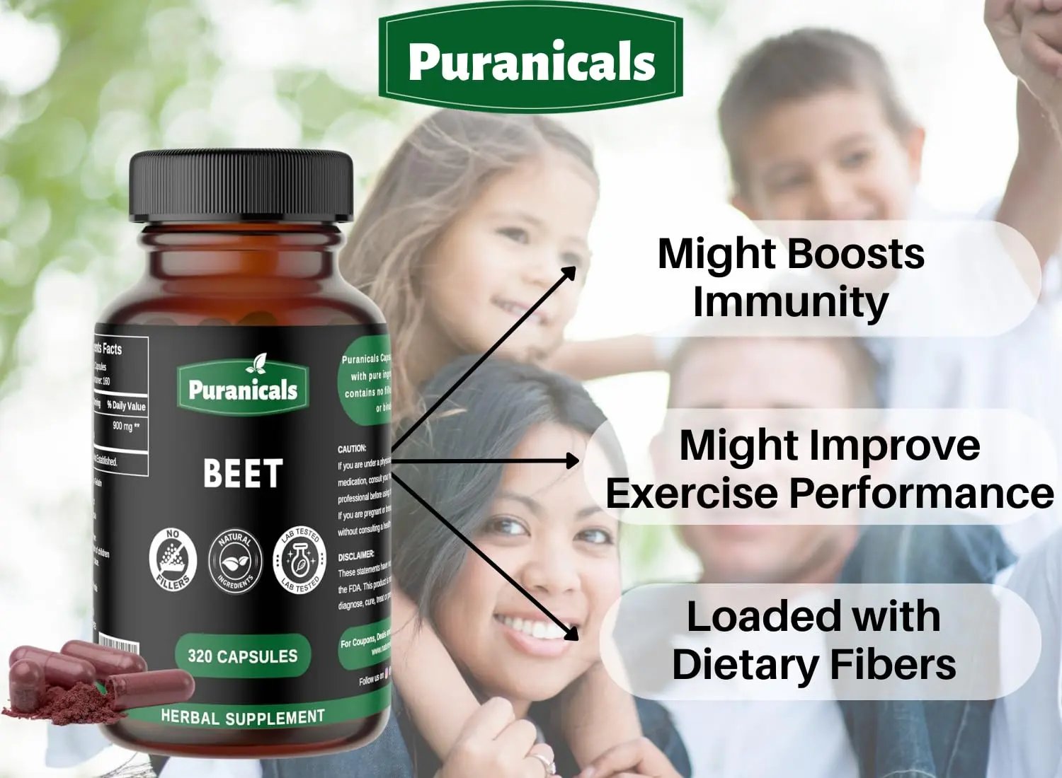 Puranicals Beet Premium 320 Capsules Nitric Oxide Booster | Herbal Supplement | 900 mg Per Serving | Made with 100% Pure Beetroot Powder (Beta Vulgaris)