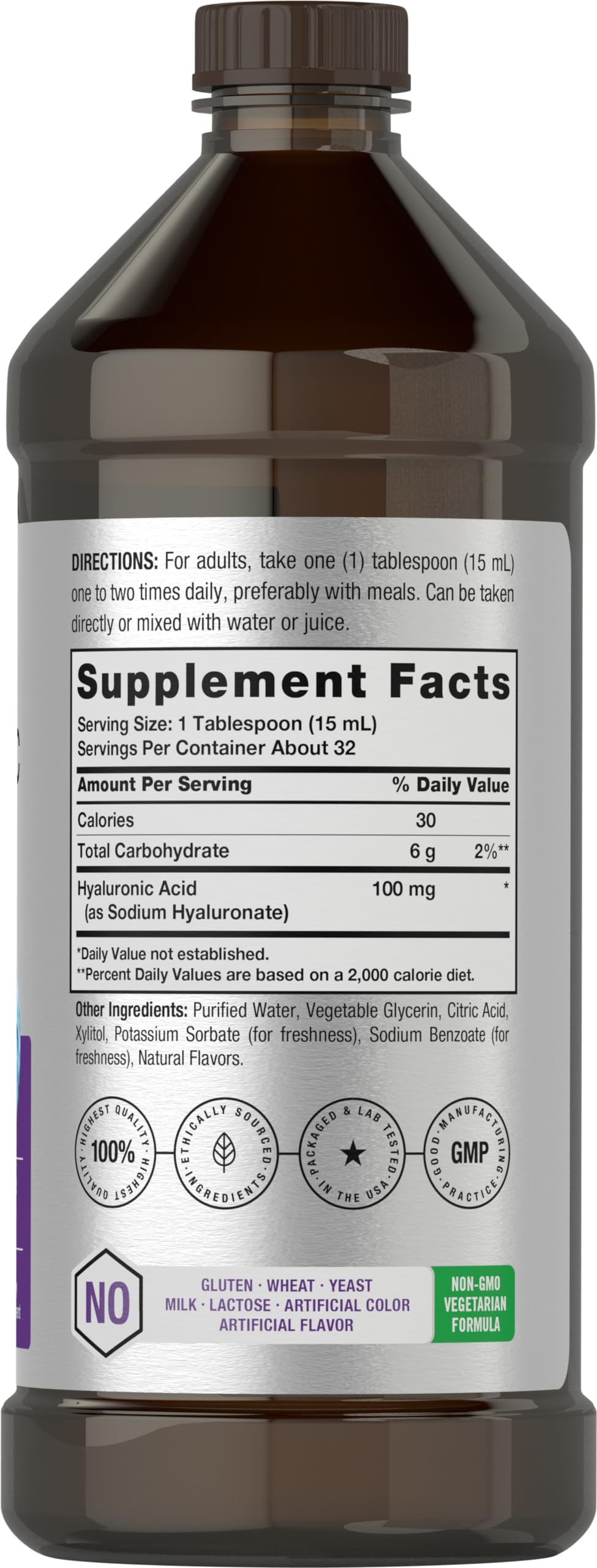 Liquid Hyaluronic Acid Supplement | 100 mg | 16 oz | Mixed Berry Flavor | Non-GMO Horbäach