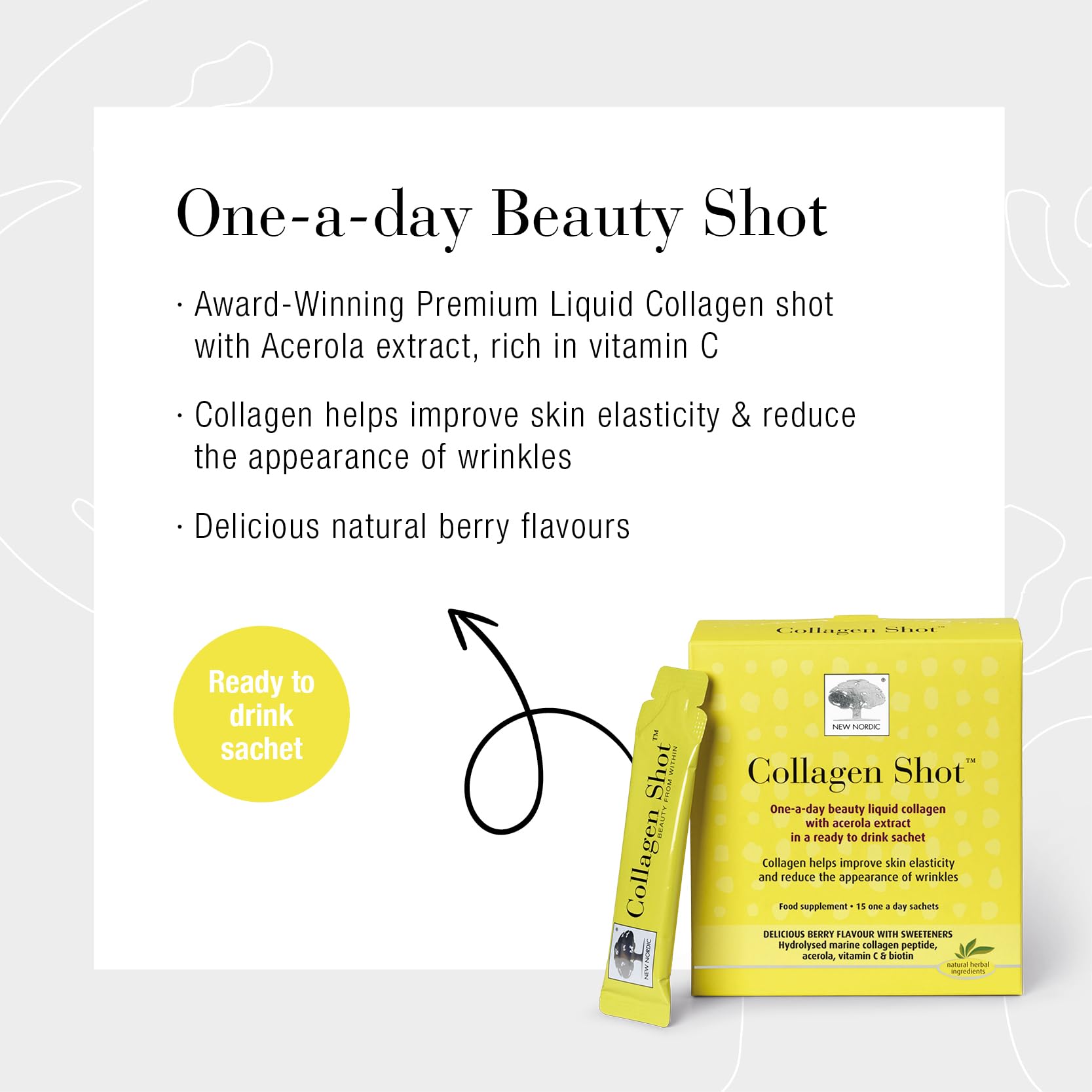 New Nordic Collagen Shot High-Absorbency Premium Liquid Daily Sachets - 15x Hydrolysed Shots - Freshwater Marine Collagen New Nordic Ltd