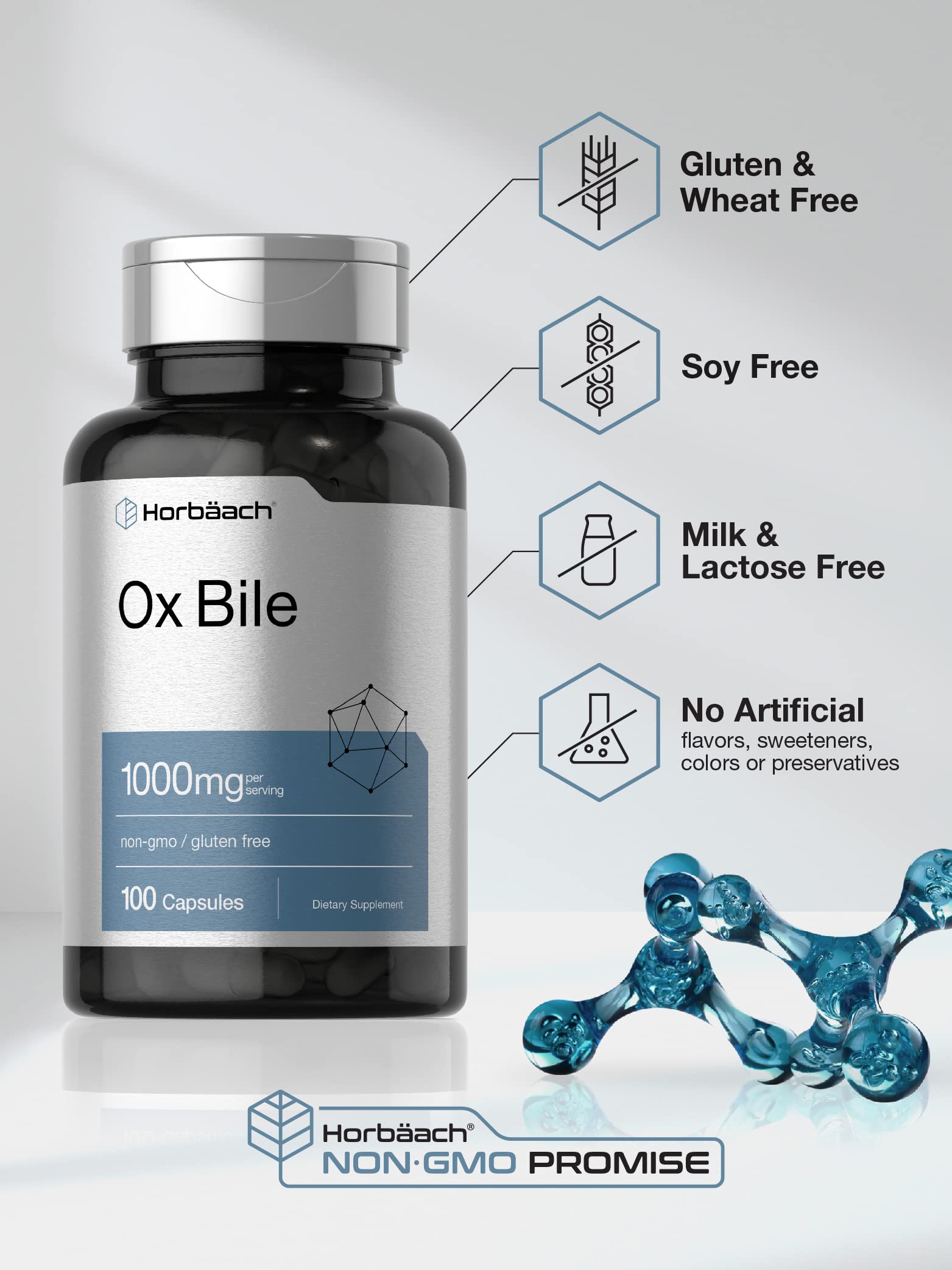 Ox Bile 1000 mg 100 Capsules | Digestive Enzymes Supplement | Non-GMO & Gluten Free Horbäach