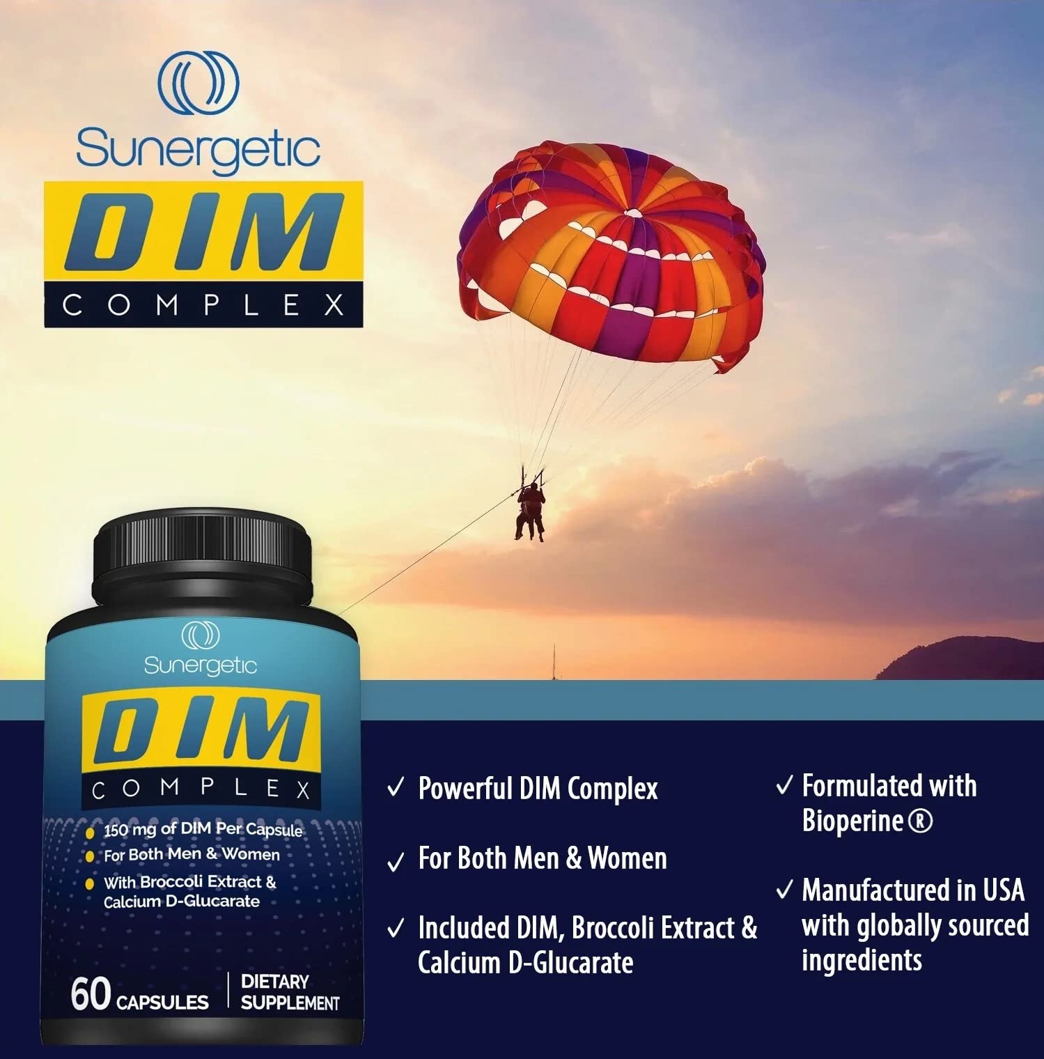 Premium DIM Supplement–Includes 150mg DIM (diindolylmethane), Broccoli, Calcium D Sunergetic