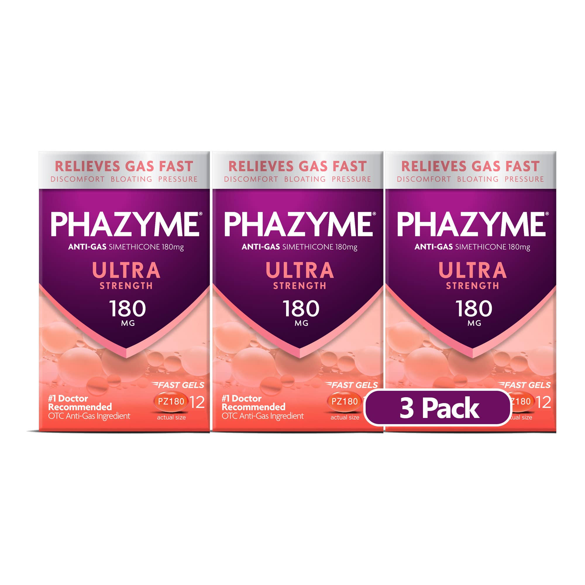 Phazyme Ultra Strength Gas & Bloating Relief, Works in Minutes, 12 Fast Gels, 3 Pack