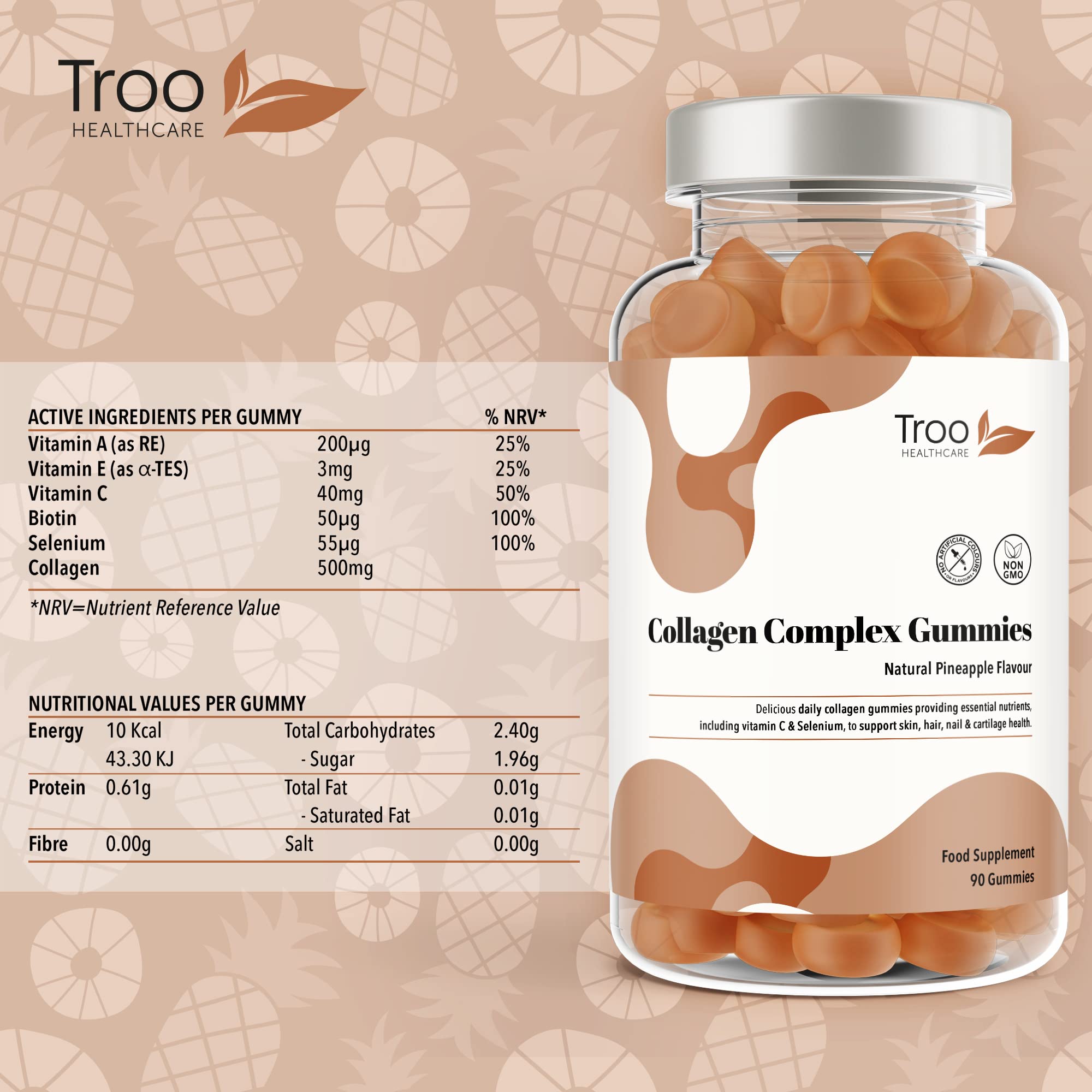 Hydrolysed Collagen Complex - 90 Natural Pineapple Flavour Chewable Gummies - One Per Day with Biotin, Vitamin C and Selenium Troo Health Care