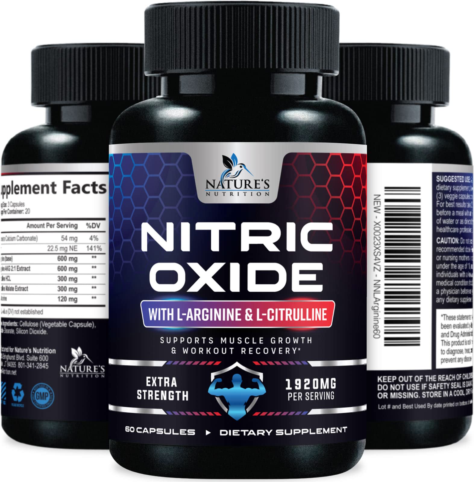 Extra Strength Nitric Oxide Supplement L Arginine 3X Strength - Citrulline Malate, AAKG Nature's Nutrition