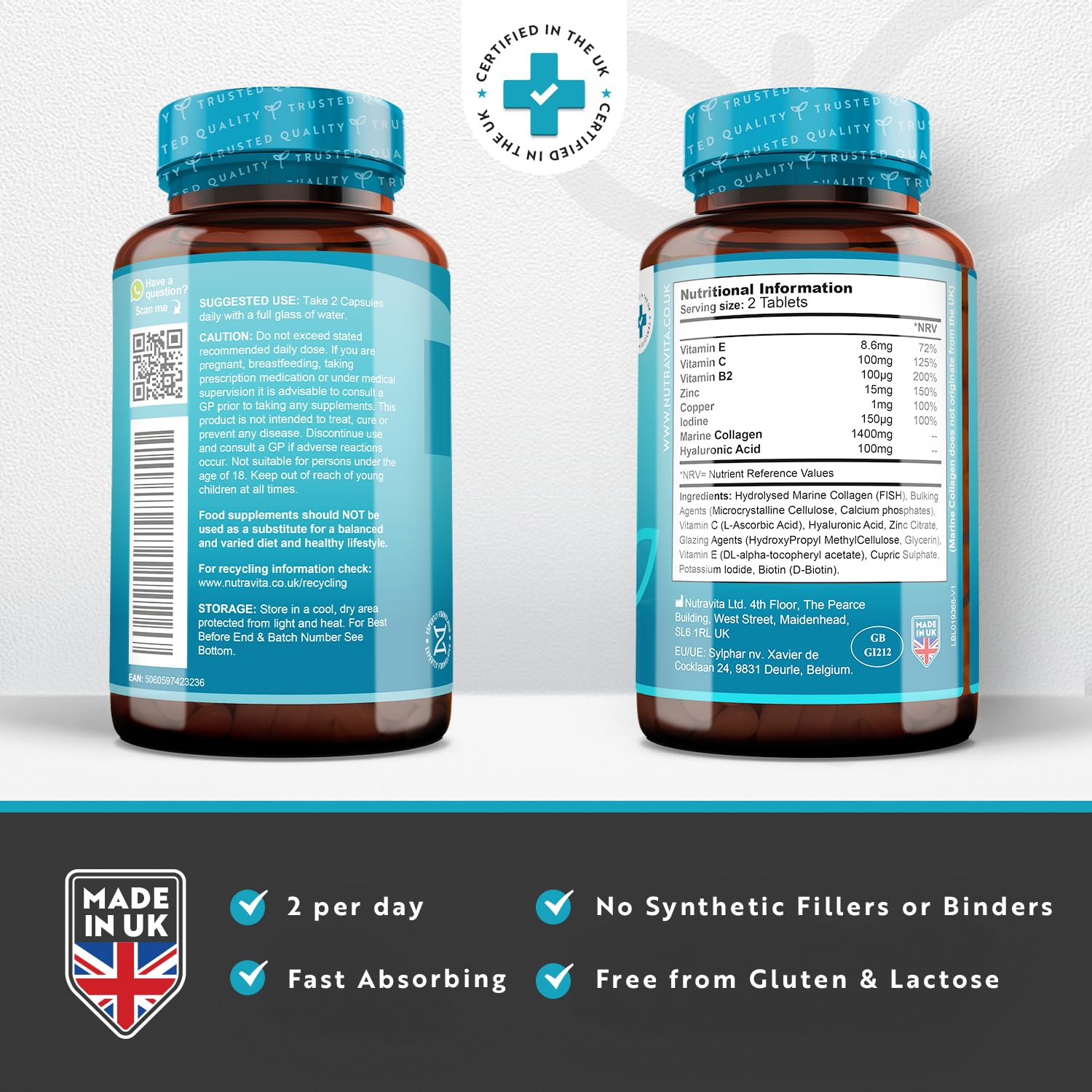 Marine Collagen Tablets 1400mg Enhanced with Hyaluronic Acid - Hydrolysed Supplements for Women and Men Nutravita