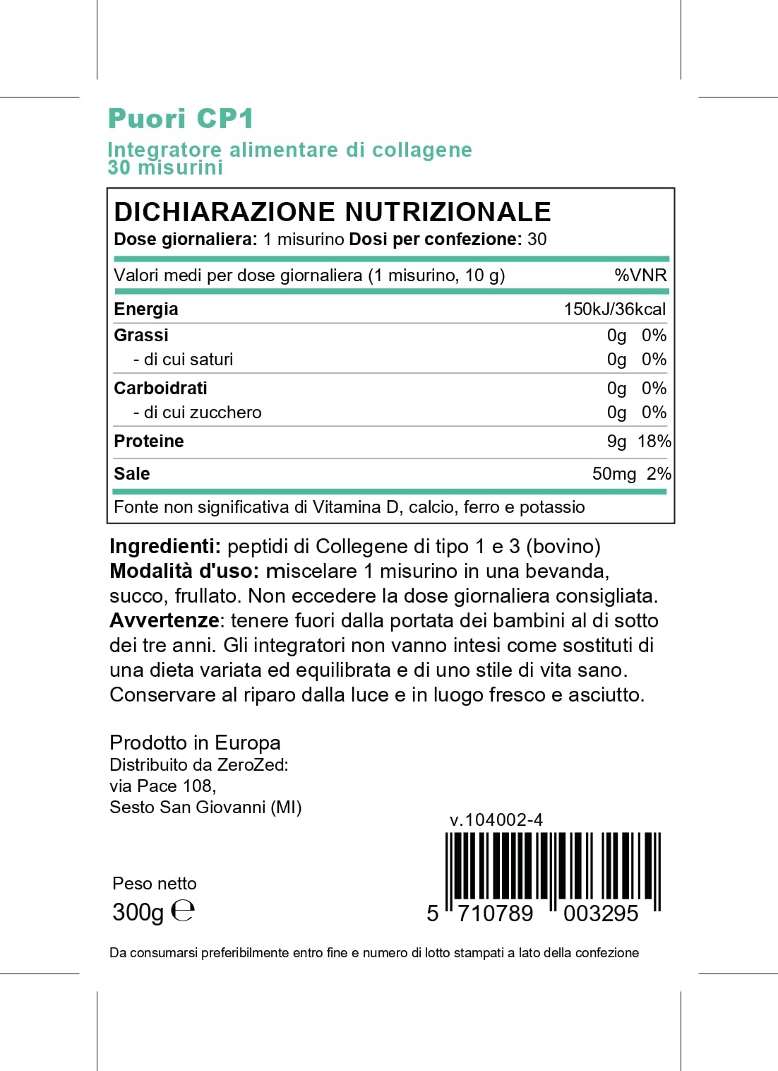 Puori CP1 Pure Collagen Hydrolysed Peptides 300g (30 Servings) Puori