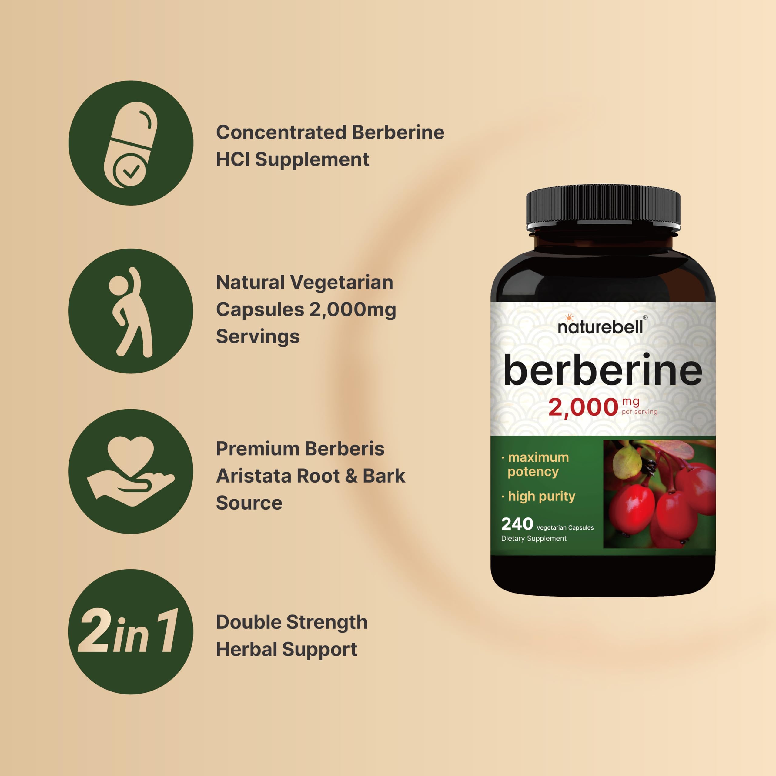 Berberine Supplement 500mg Per Capsule (2,000mg Per Serving) | 240 Veggie Capsules, 97% Pure Berberine HCL – Plant Based, Vegan, Non-GMO NatureBell