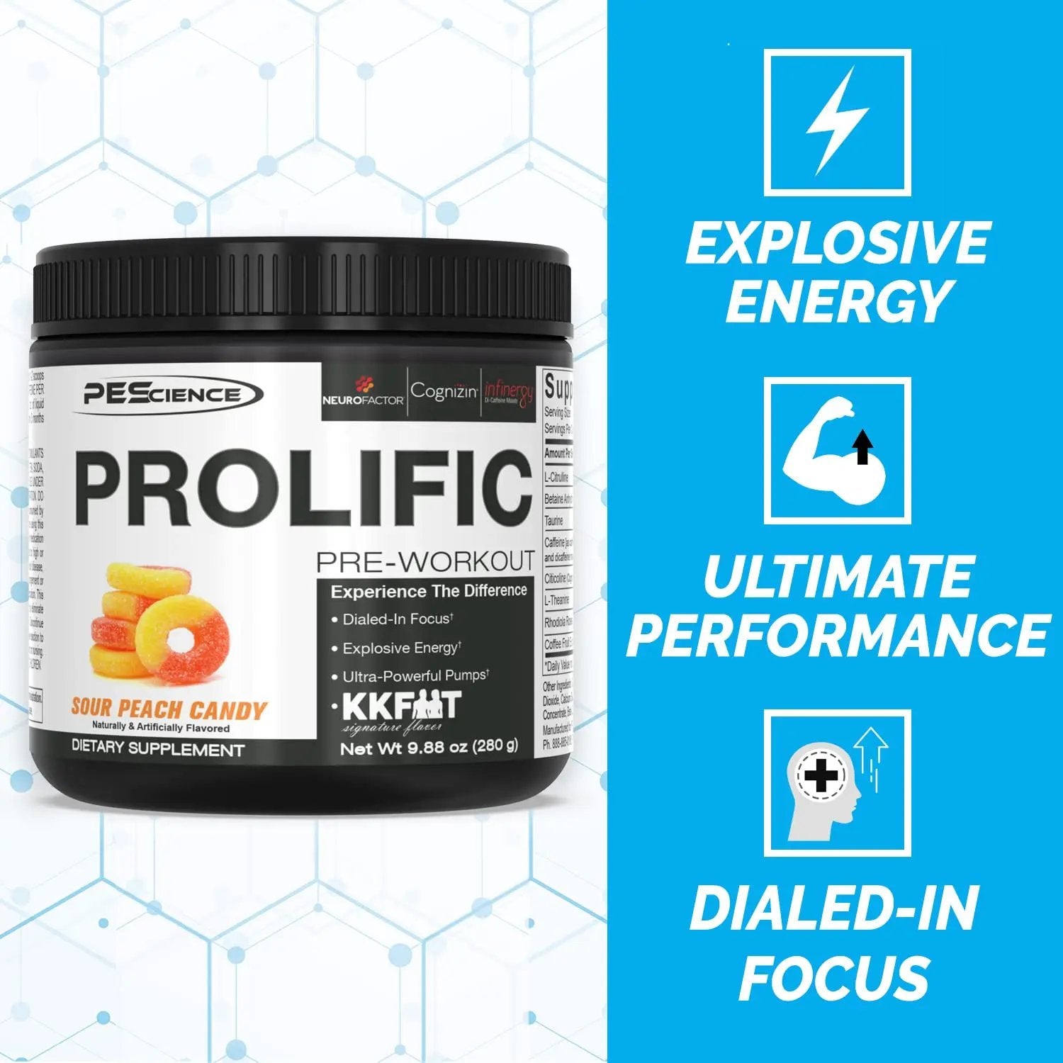 PEScience High Volume + Prolific Pre-Workout Stack, Powerful Nitric Oxide & Energy Supplement Bundle, Sour Peach Candy