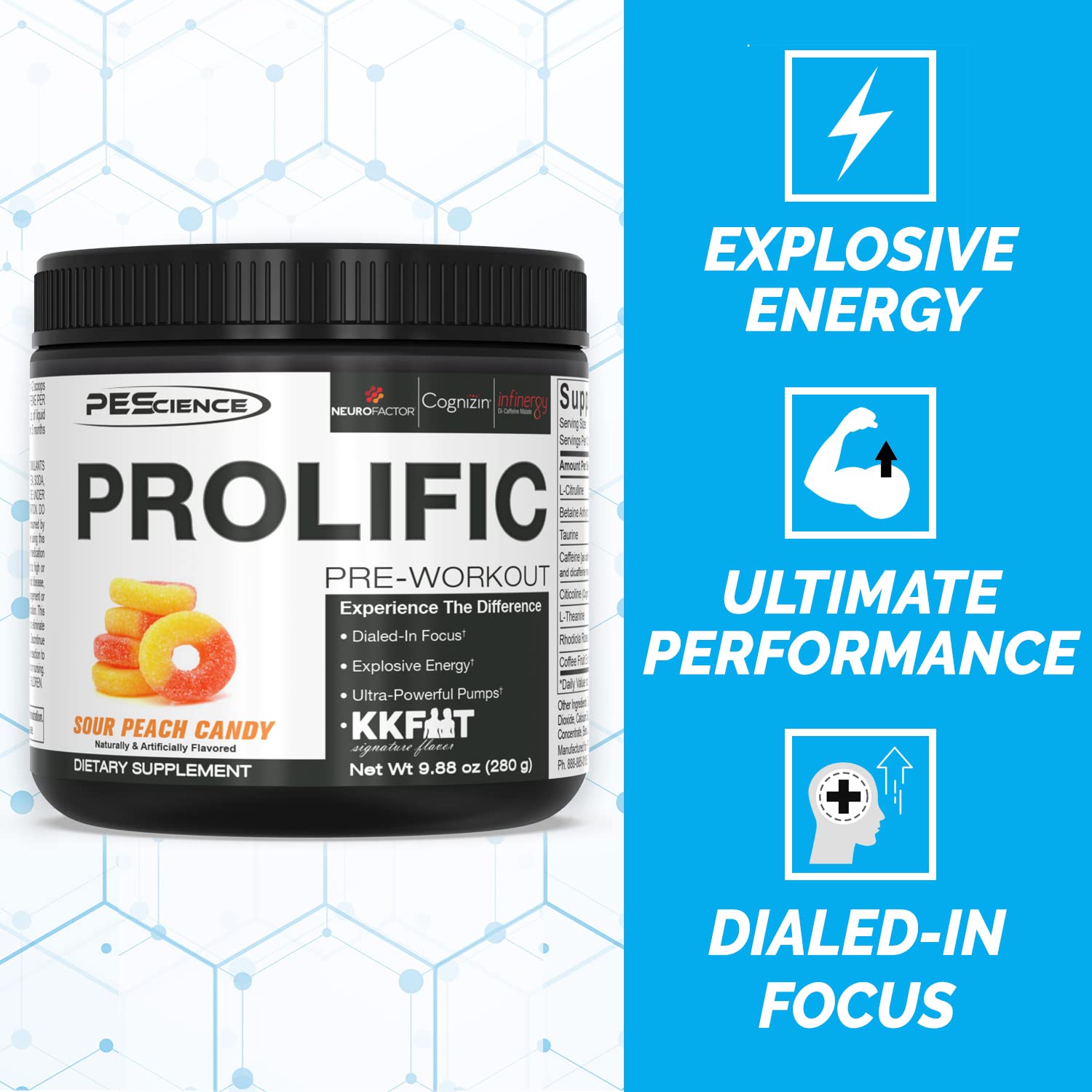 PEScience Prolific Pre Workout Powder, Sour Peach Candy, 40 Scoop, Energy Supplement PEScience