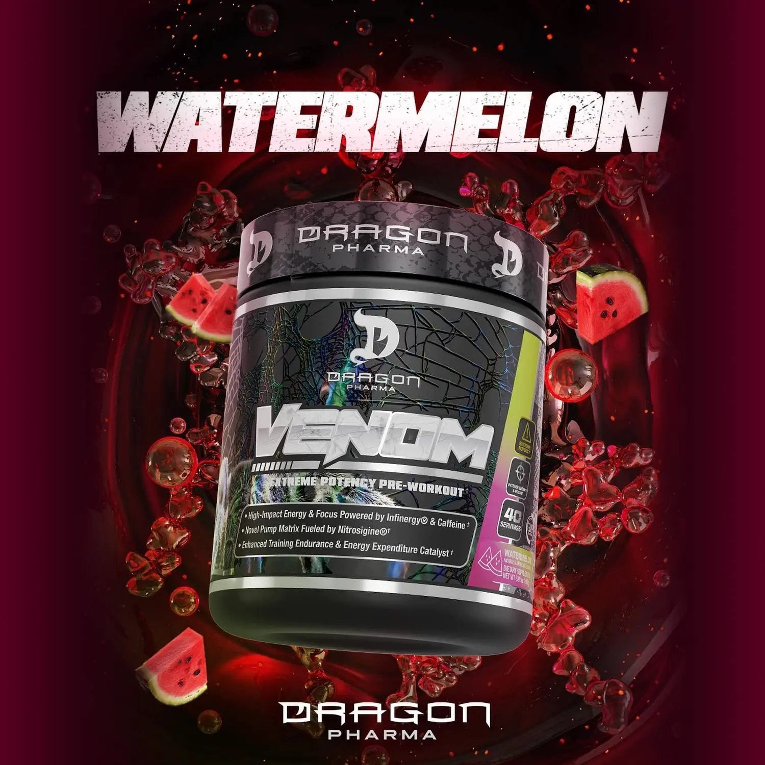 DRAGON PHARMA Venom Extreme Potency Pre-Workout, Laser Sharp Focus + Energy, Intense Performance, Proven Ingredients for Enhanced Vasodilation & Endurance (40 Servings, Watermelon)