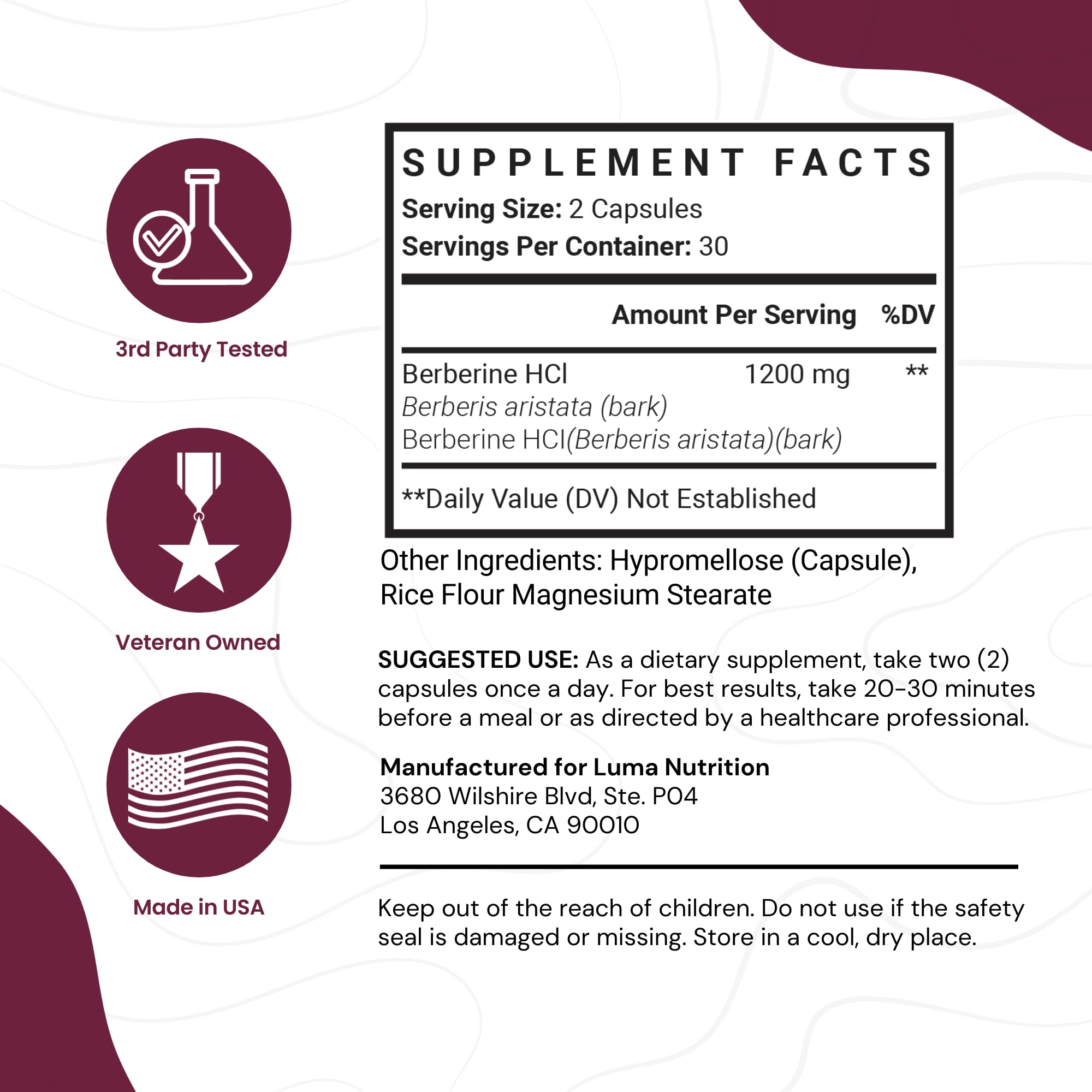 Luma Nutrition Berberine Supplement - Berberine 1200mg Per Serving - Berberine HCI