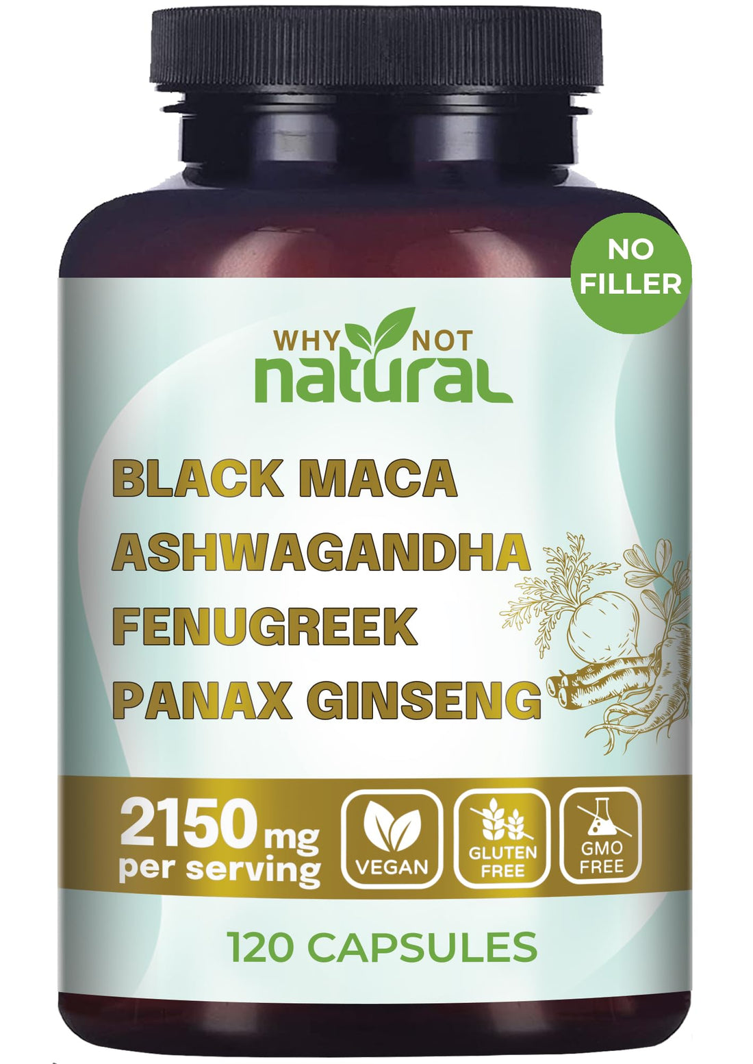 Why Not Natural 4-in-1 Organic Black Maca Root, Ashwagandha, Fenugreek, Panax Ginseng Capsules, Supplement for Men and Women (120 Count (Pack of 1) Why Not Natural