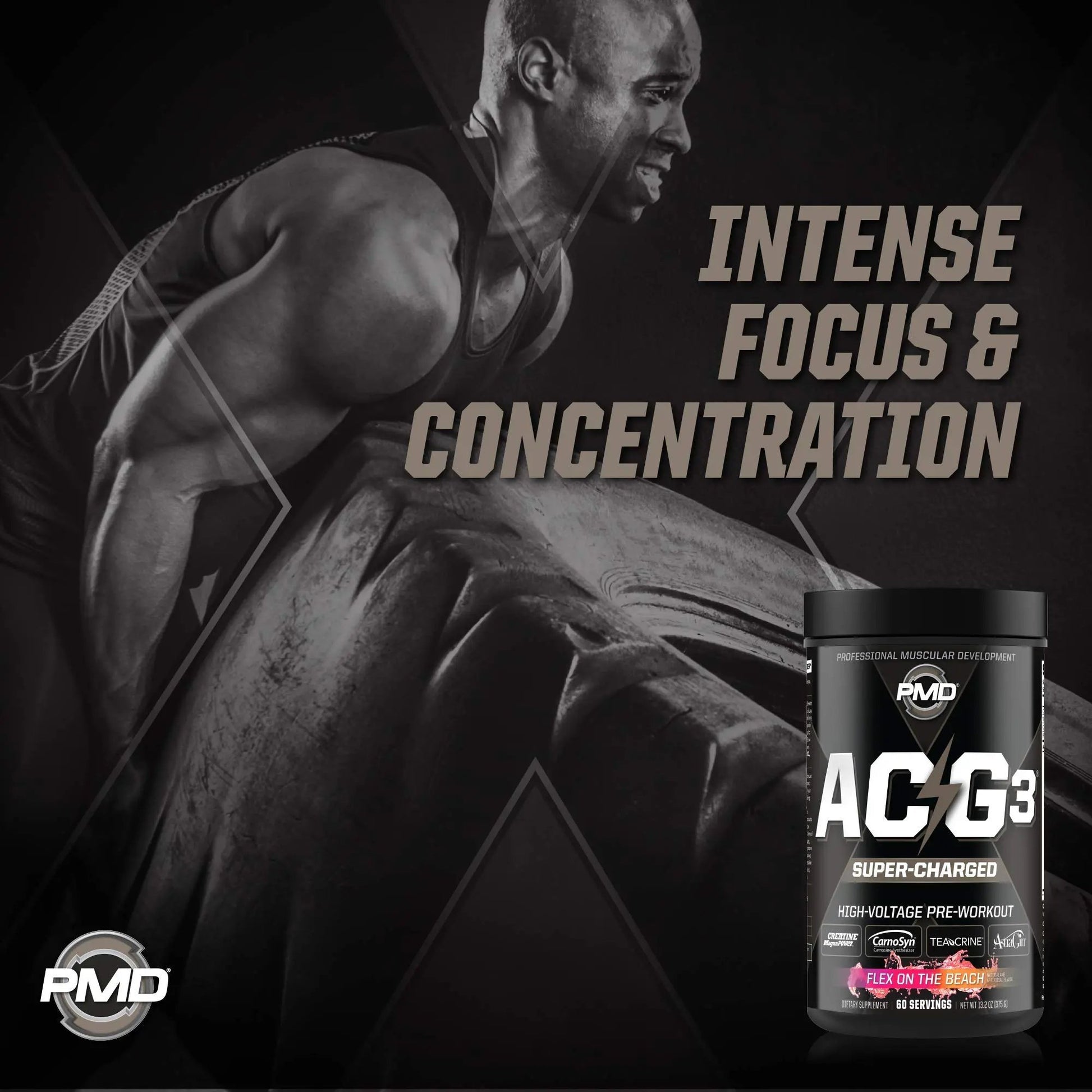 PMD Sports ACG3 Supercharged - Pre Workout - Powerful Strength, High Energy, Maximize Mental Focus, Endurance, Optimum Workout Performance For Men and Women - Flex On The Beach (60 Servings)