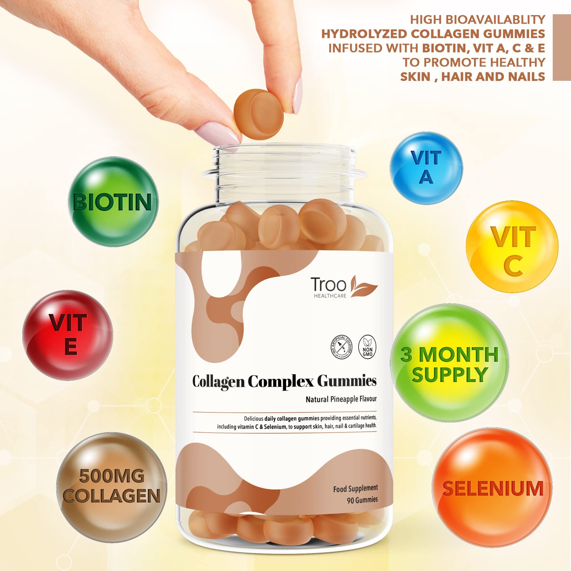 Hydrolysed Collagen Complex - 90 Natural Pineapple Flavour Chewable Gummies - One Per Day with Biotin, Vitamin C and Selenium Troo Health Care
