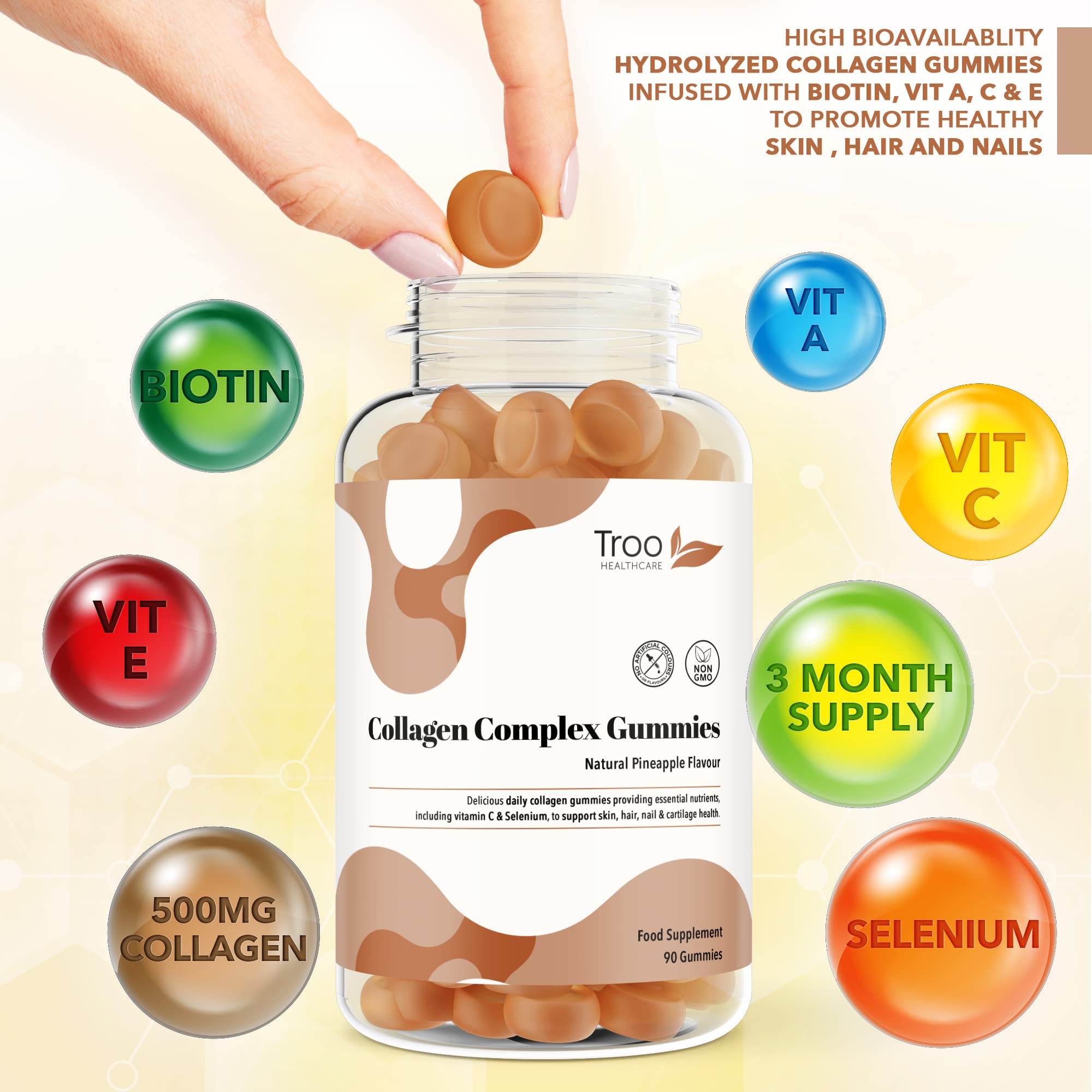 Hydrolysed Collagen Complex - 90 Natural Pineapple Flavour Chewable Gummies - One Per Day with Biotin, Vitamin C and Selenium Troo Health Care