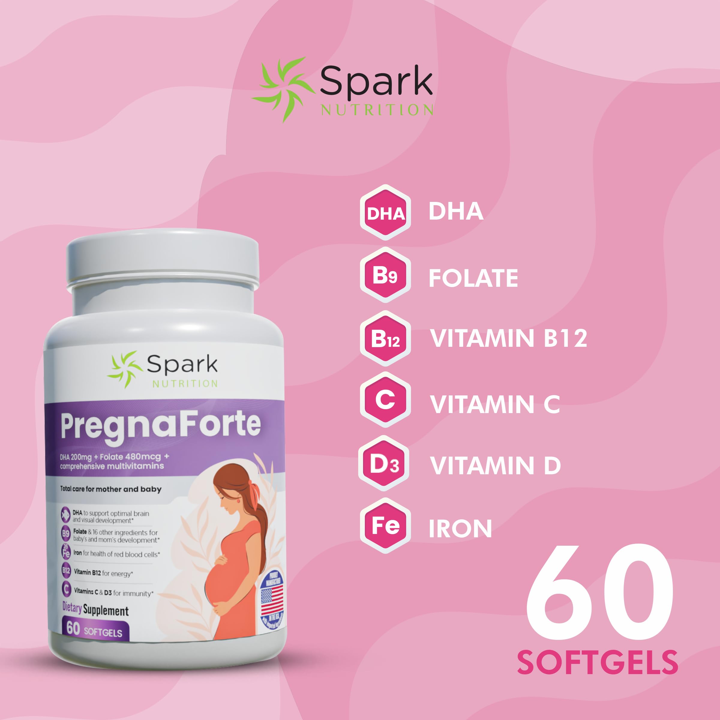 Pregnaforte Prenatal Multivitamin 60 days: Folic acid, Omega-3 DHA/EPA, Vitamins A, B6, B12, C, D3, E