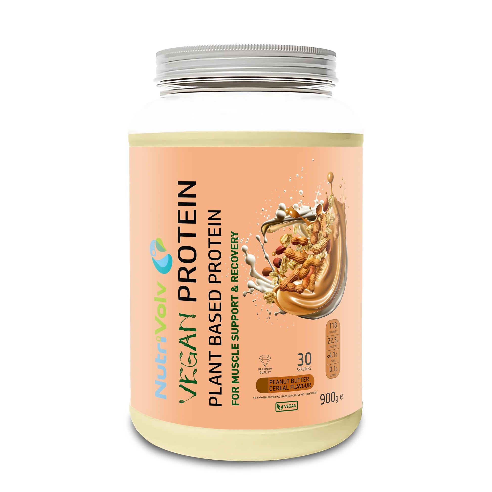 NutriVolv Vegan Plant Based Protein Powder | Peanut Butter Cereal Flavour 900g | Pea & Rice Protein Blend