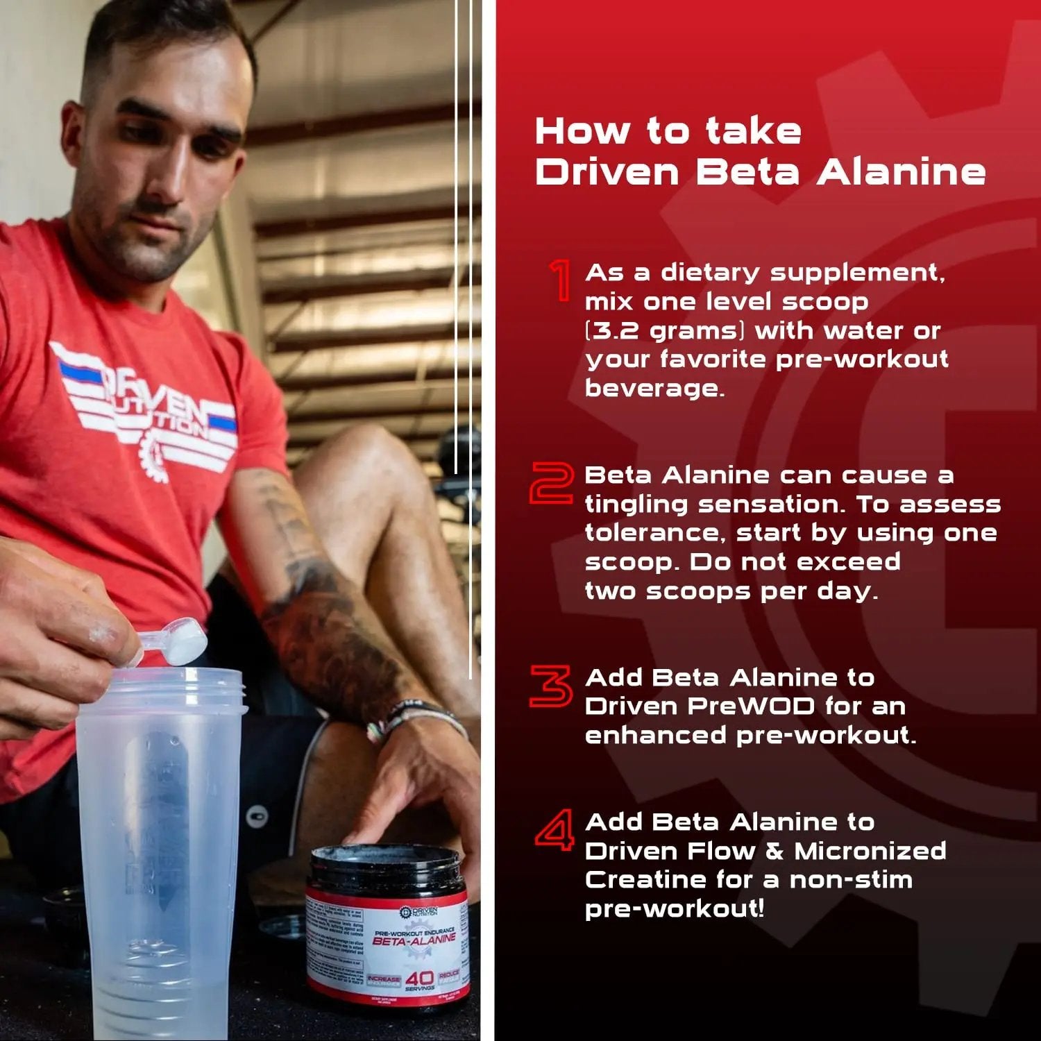 Driven Nutrition Beta Alanine, Unflavored - Preworkout Carnosine Booster for Physical Endurance, Reduce Lactic Acid & Muscle Fatigue, Support Workout Capacity for Weightlifting & High Intensity Cardio